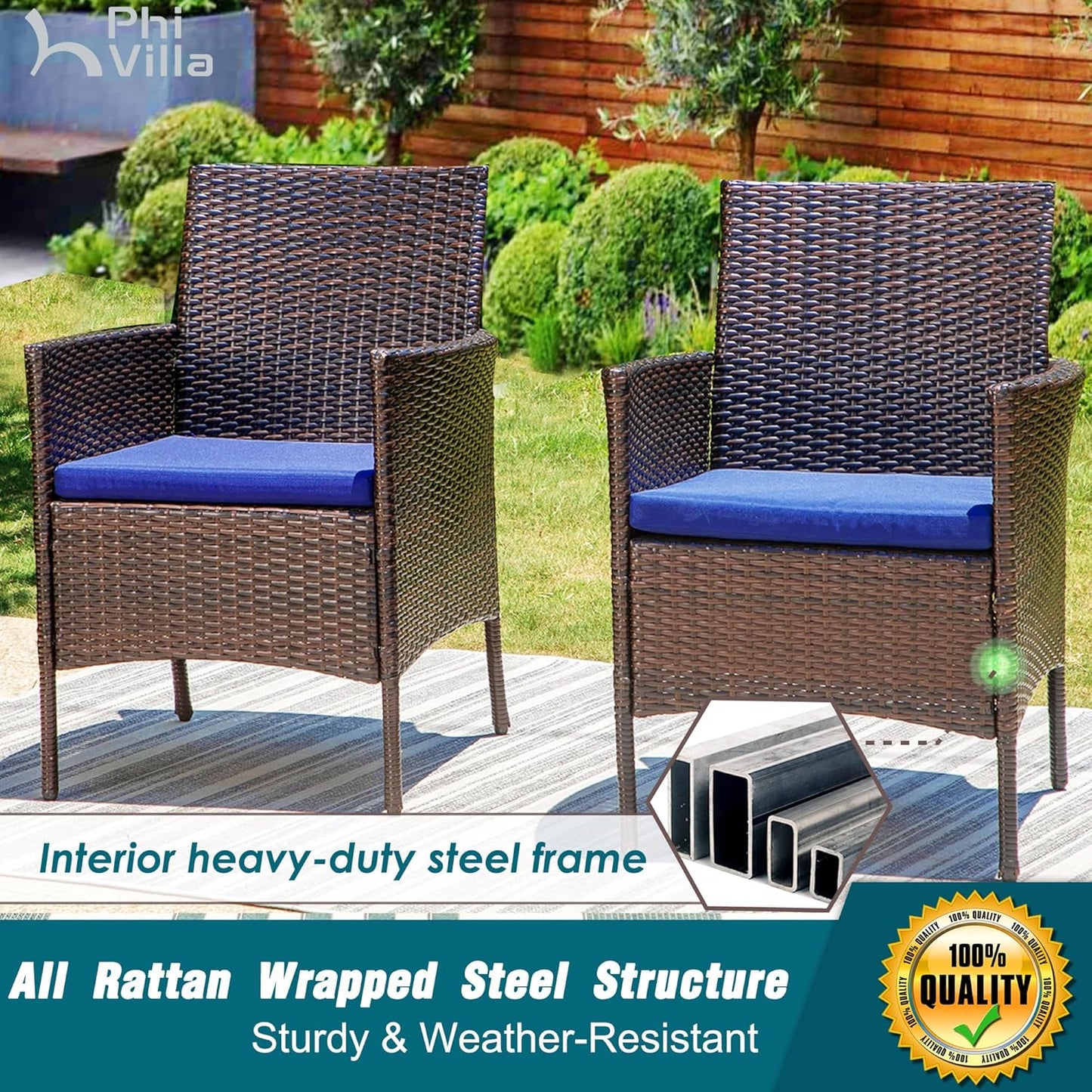 7 Piece Outdoor Dining Set with Umbrella, 60” Rectangular Metal Dining Table & 6 Cushioned Rattan Wicker Chairs & 13Ft Large Blue Umbrella for Patio, Deck, Yard, Porch