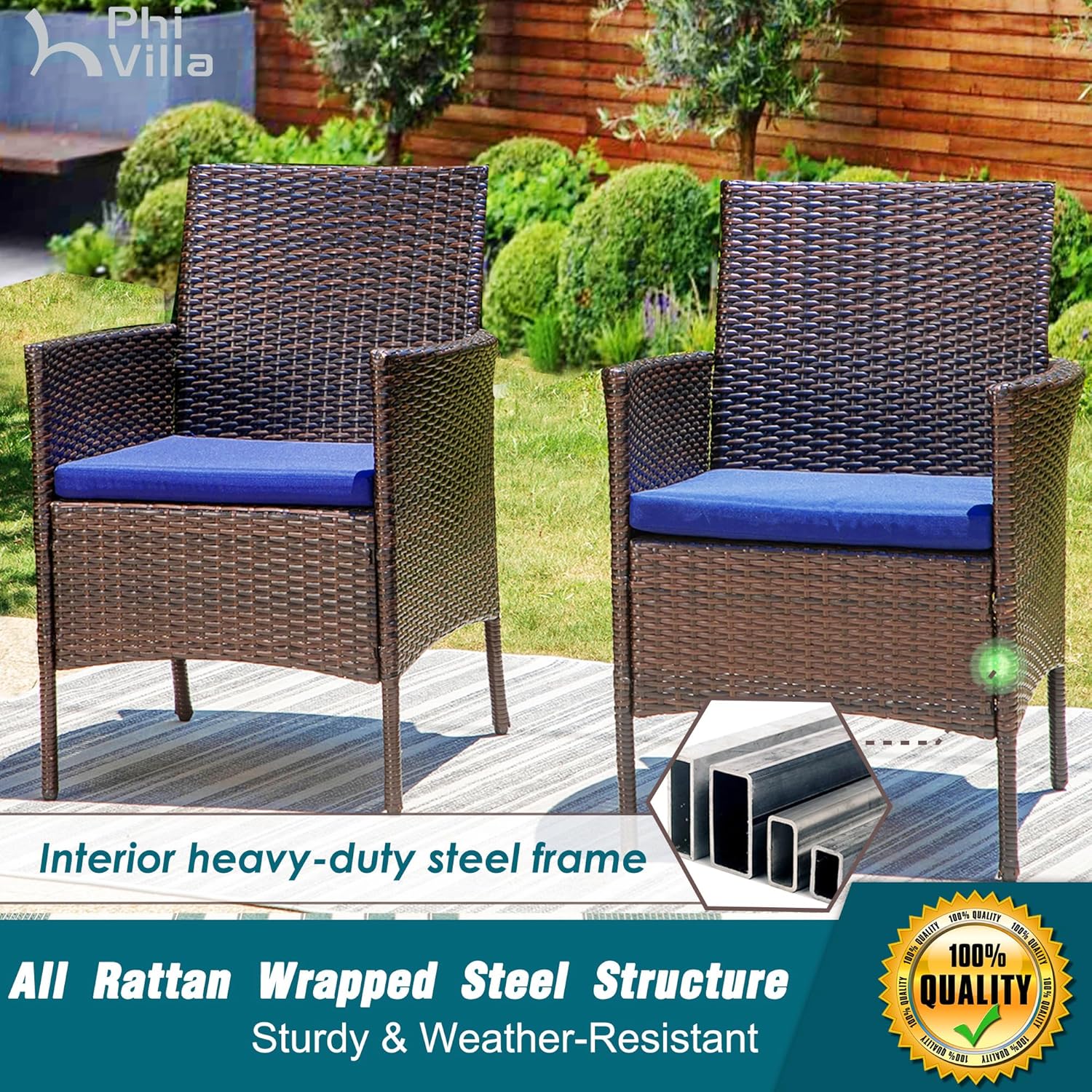 7 Piece Outdoor Dining Set with Umbrella, 60” Rectangular Metal Dining Table & 6 Cushioned Rattan Wicker Chairs & 13Ft Large Blue Umbrella for Patio, Deck, Yard, Porch