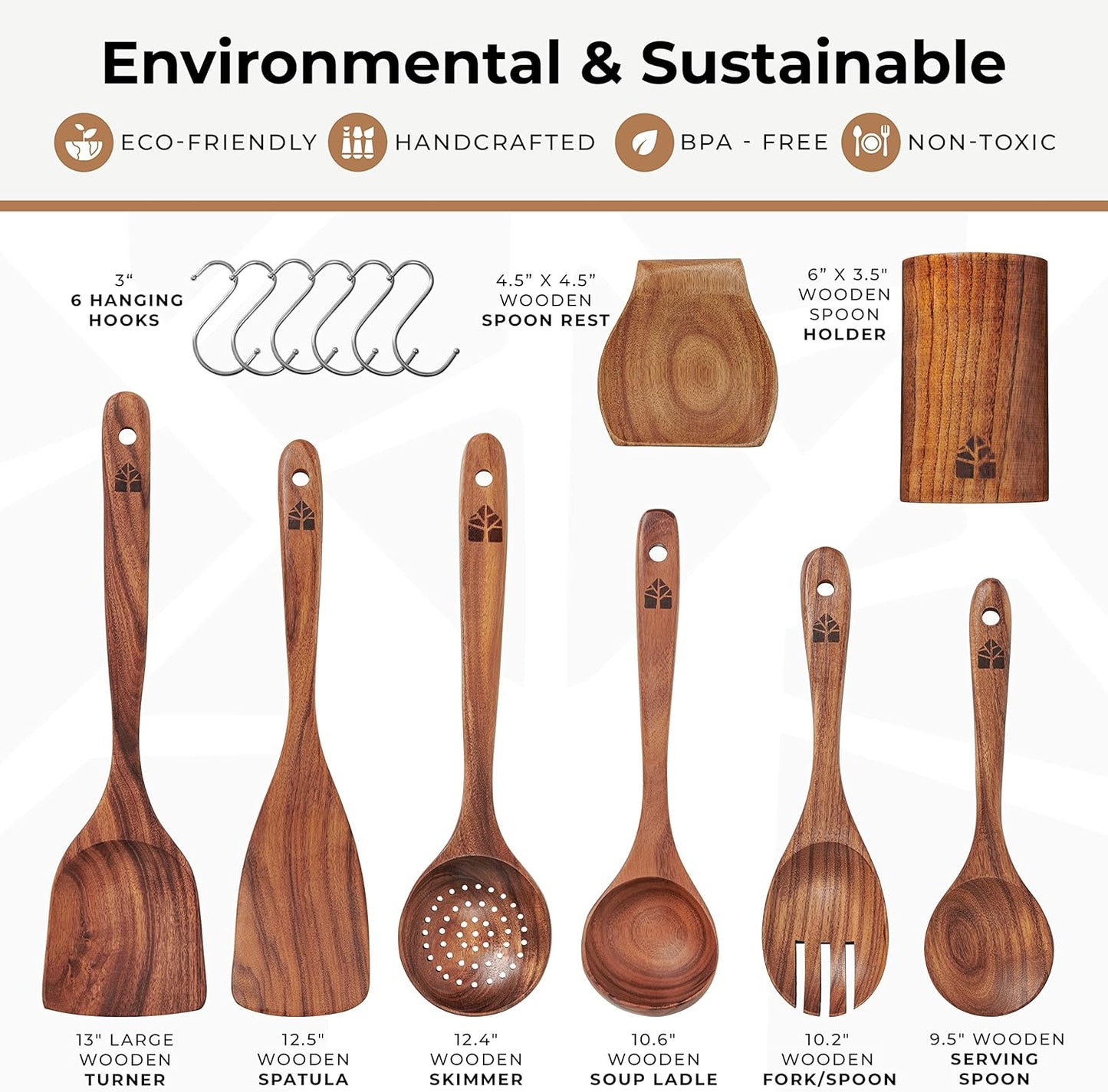 Wooden Spoons for Cooking, Wooden Cooking Utensils Set, Wooden Utensil Set with Holder, Spoon Rest & Hooks, Kitchen Gifts for Women, Kitchen Cookware – Durable Set of 8Pcs by Woodenhouse