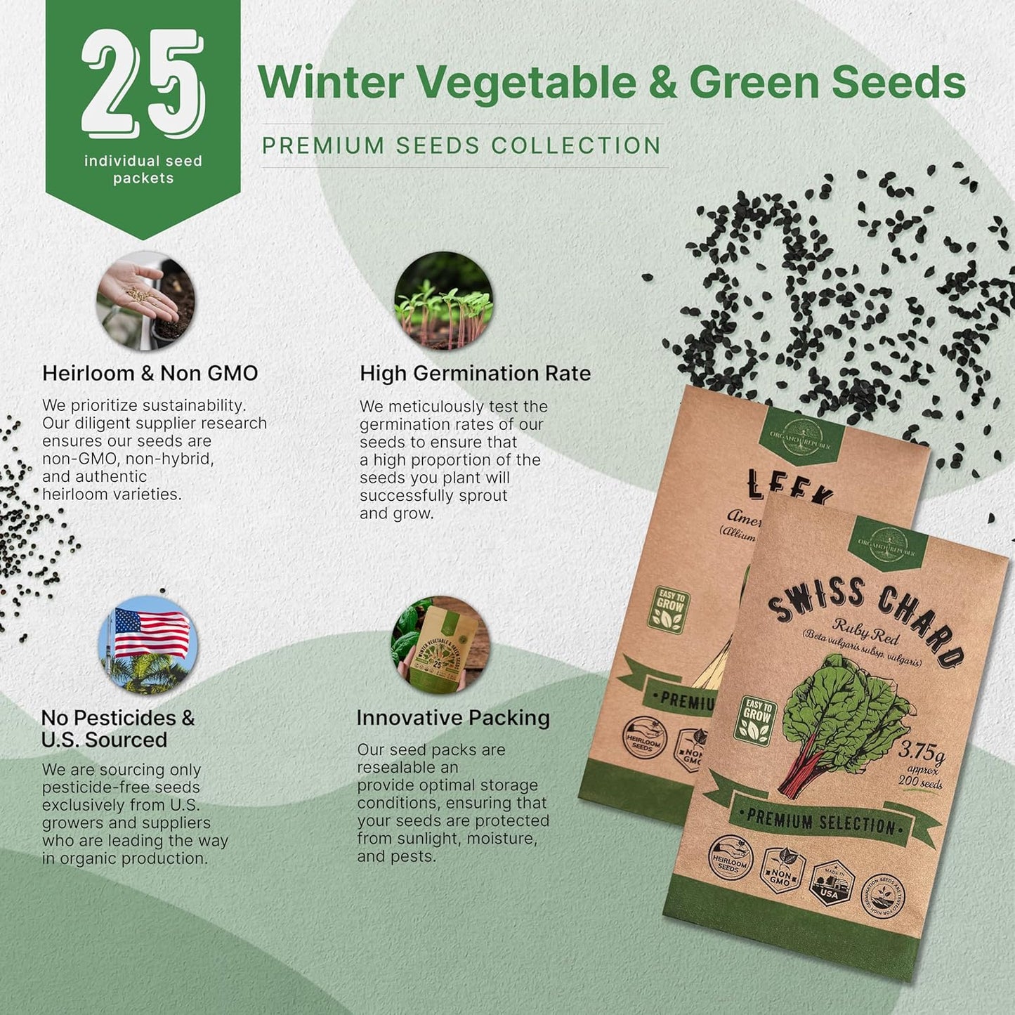 25 Winter Vegetable & Greens Garden Seeds Variety Pack - 27,675+ Non-Gmo Heirloom Seeds for Outdoors & Indoor Home Gardening, Including Broccoli, Beet, Carrot, Collard, Lettuce, Radish, Spinach, Pea