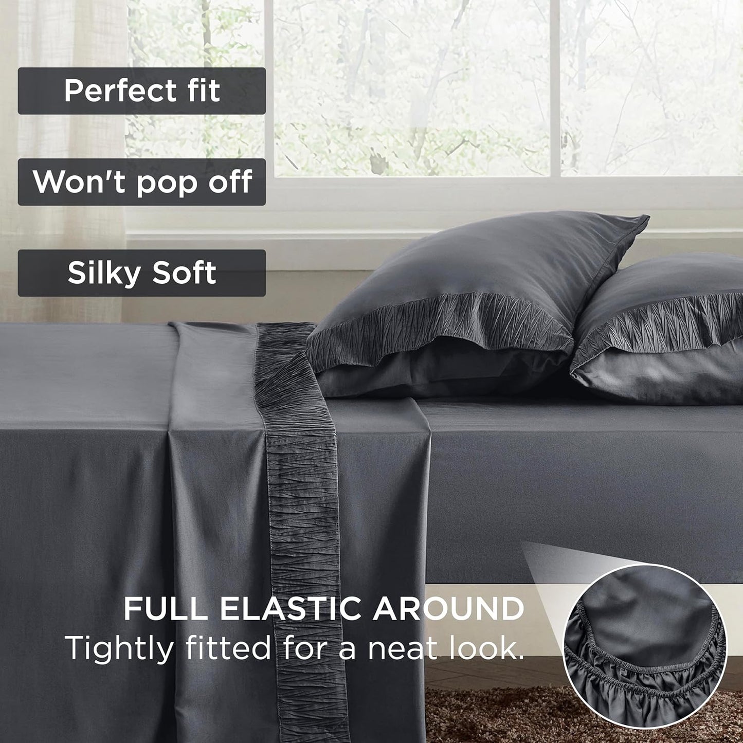 Queen Sheets Grey - Soft Sheets for Queen Size Bed, 4 Pieces Hotel Luxury Queen Sheet Set, Easy Care Polyester Microfiber Cooling Bed Sheet Set