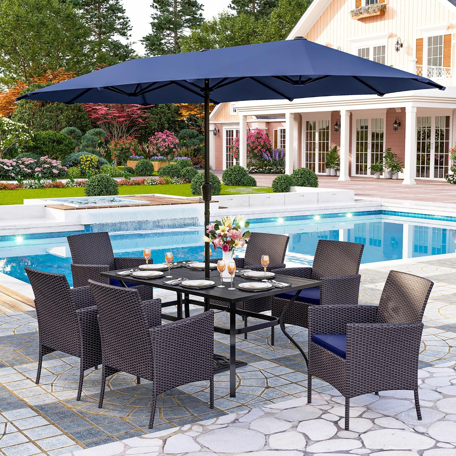 7 Piece Outdoor Dining Set with Umbrella, 60” Rectangular Metal Dining Table & 6 Cushioned Rattan Wicker Chairs & 13Ft Large Blue Umbrella for Patio, Deck, Yard, Porch