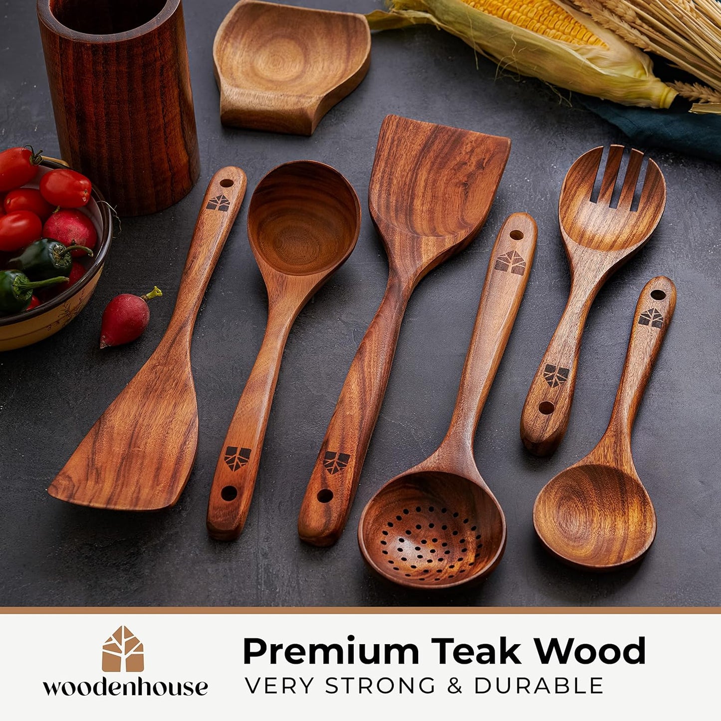 Wooden Spoons for Cooking, Wooden Cooking Utensils Set, Wooden Utensil Set with Holder, Spoon Rest & Hooks, Kitchen Gifts for Women, Kitchen Cookware – Durable Set of 8Pcs by Woodenhouse
