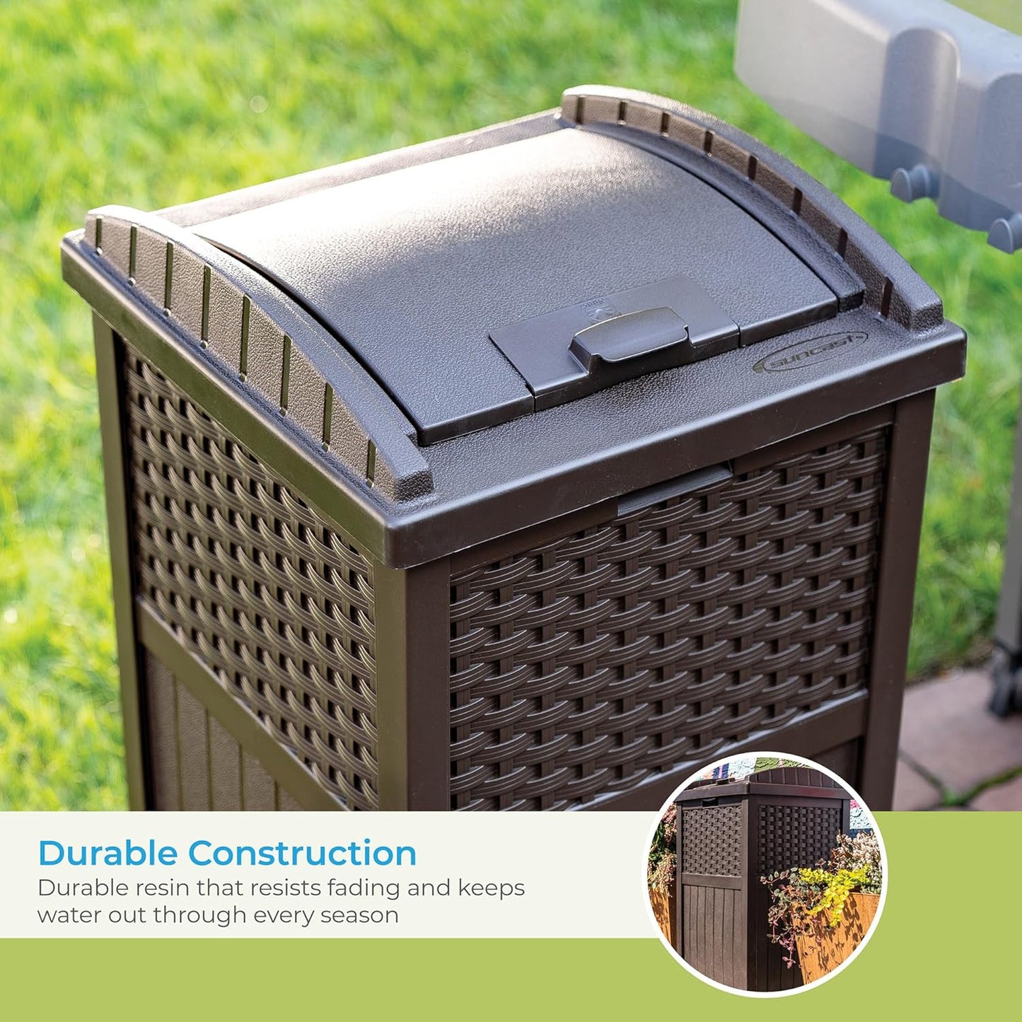 33 Gallon Hideaway Can Resin Outdoor Trash with Lid Use in Backyard, Deck, or Patio, 33-Gallon, Brown