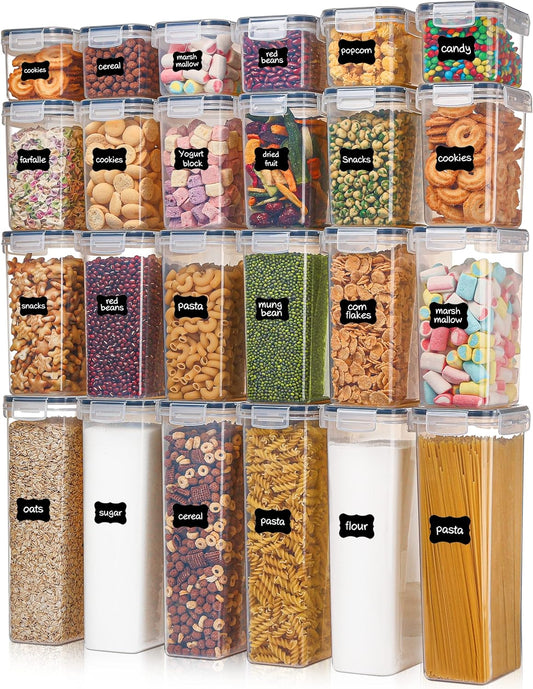 Airtight Food Storage Containers with Lids,  24 Pcs Plastic Kitchen and Pantry Organization Canisters for Cereal, Dry Food, Flour and Sugar, BPA Free, Includes 24 Labels,Black