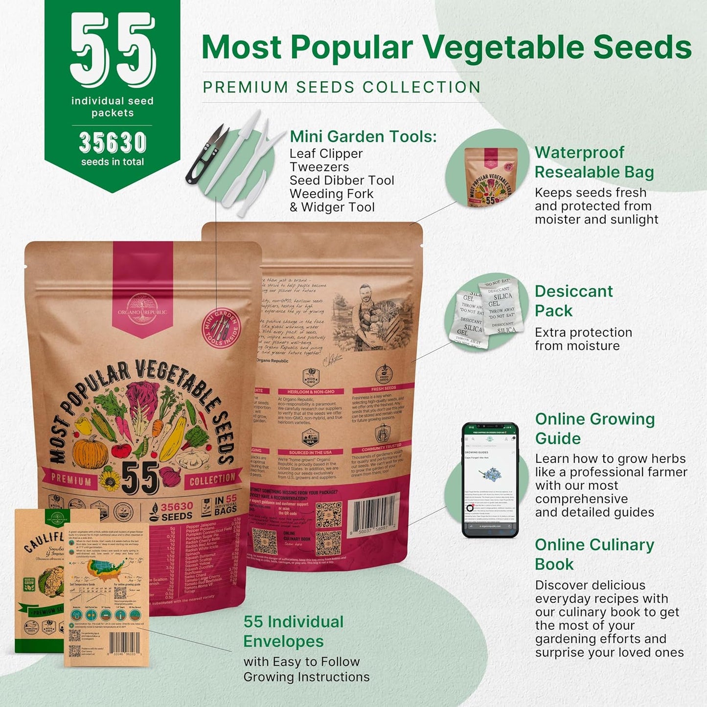 55 Vegetable Seeds Variety Pack - 35,600+ Non-Gmo Heirloom Seeds for Planting Vegetables and Fruits in Individual Seed Packets, Home Survival Garden Seeds for Hydroponic, Indoor and Outdoors Gardening