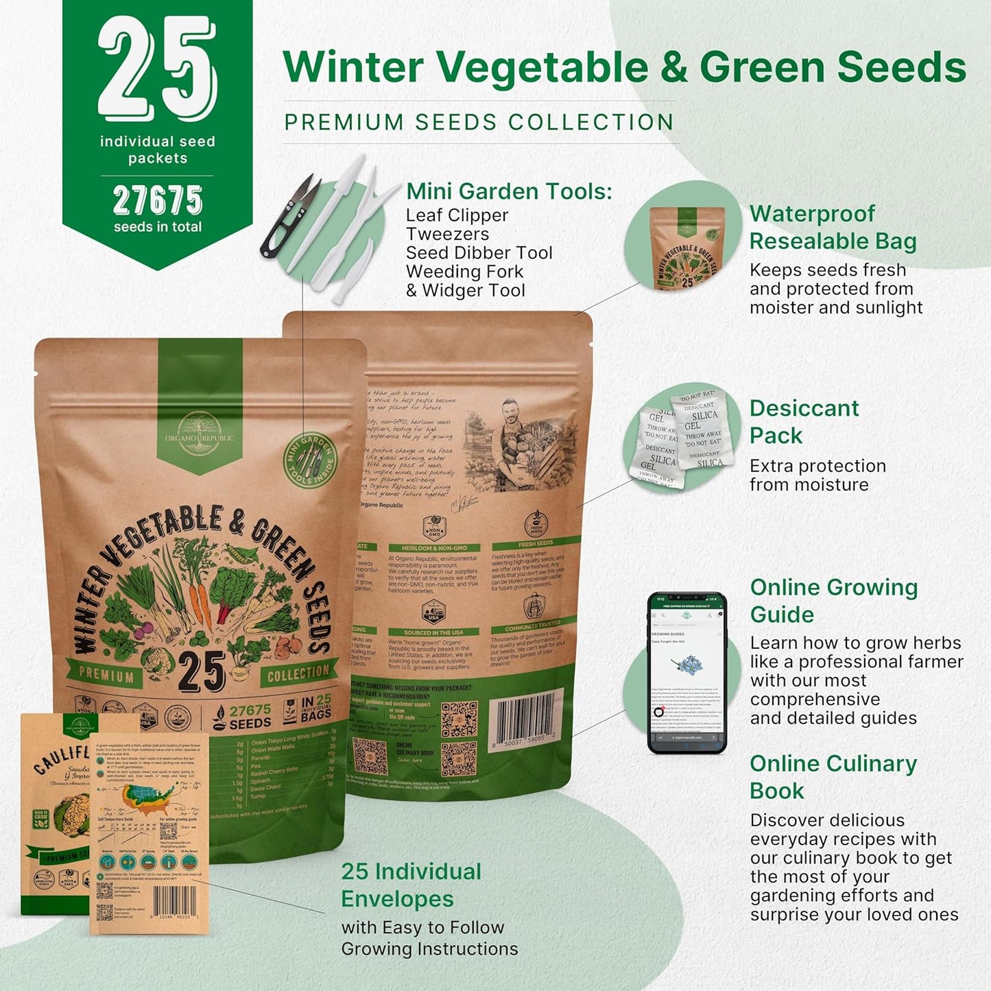 25 Winter Vegetable & Greens Garden Seeds Variety Pack - 27,675+ Non-Gmo Heirloom Seeds for Outdoors & Indoor Home Gardening, Including Broccoli, Beet, Carrot, Collard, Lettuce, Radish, Spinach, Pea
