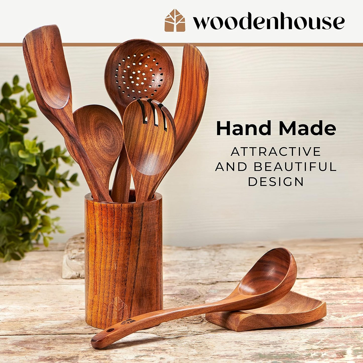 Wooden Spoons for Cooking, Wooden Cooking Utensils Set, Wooden Utensil Set with Holder, Spoon Rest & Hooks, Kitchen Gifts for Women, Kitchen Cookware – Durable Set of 8Pcs by Woodenhouse