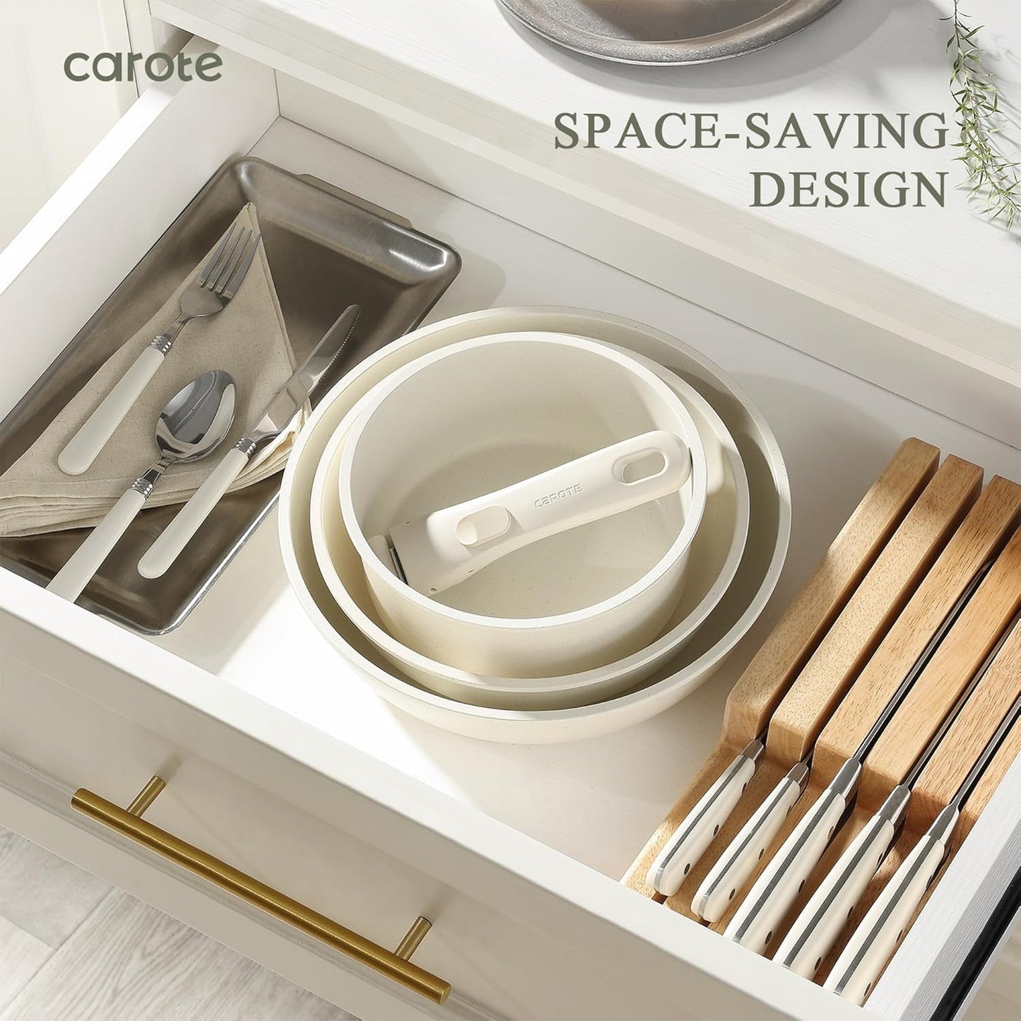 Pots and Pans Set Non Stick, Cookware Sets, 11Pcs Kitchen Set, Oven/Fridge Safe, Space Saving Pots Set, Nonstick Set with Versatile Removable/Detachable Handle, Induction RV Set, Cream White