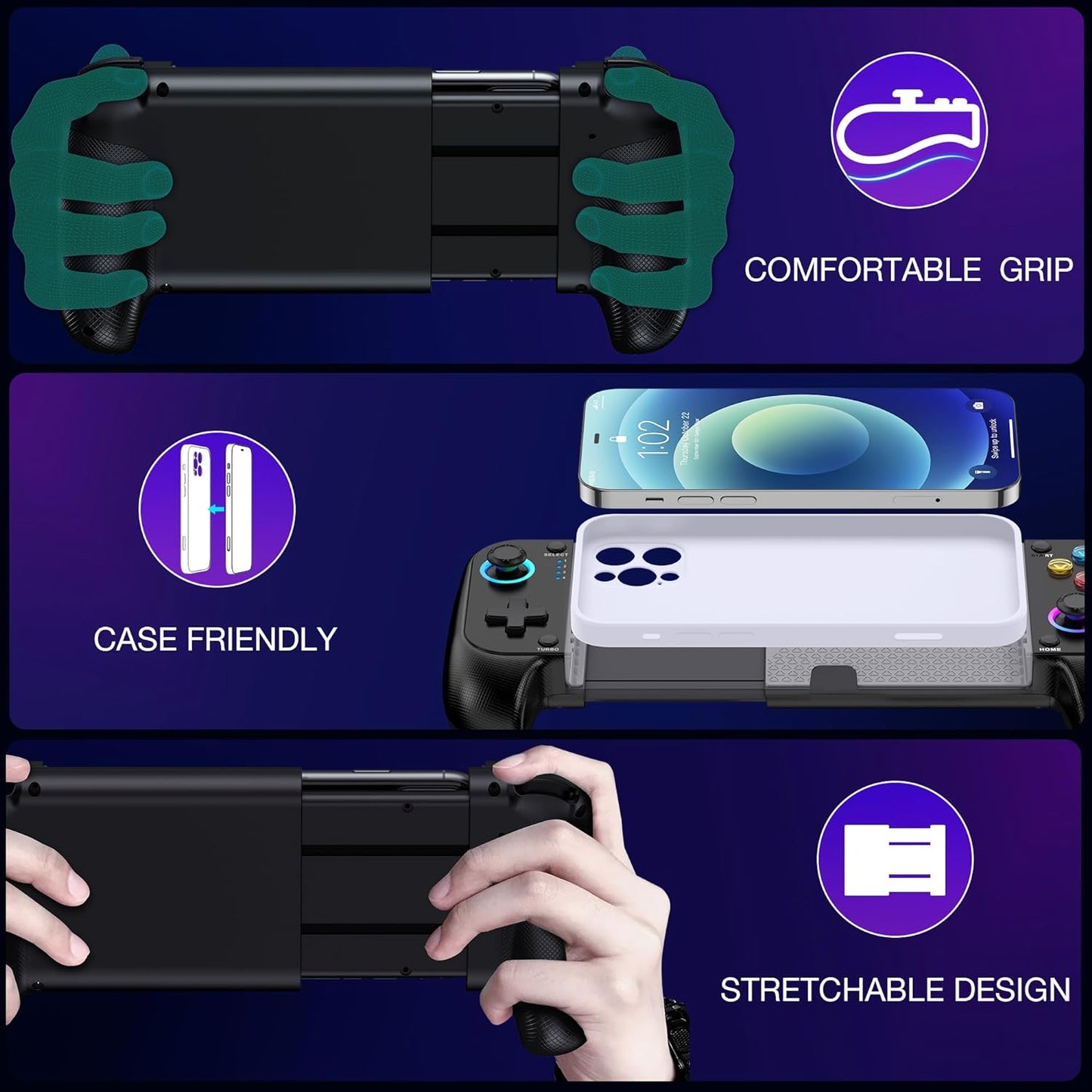 Wireless Phone Controller for Iphone/Android with Hall Joystick, RGB Controller for Iphone Support Xbox Game Pass, Playstation, Steam Link, Call of Duty, Minecraft, Roblox, Cloud Android Controller