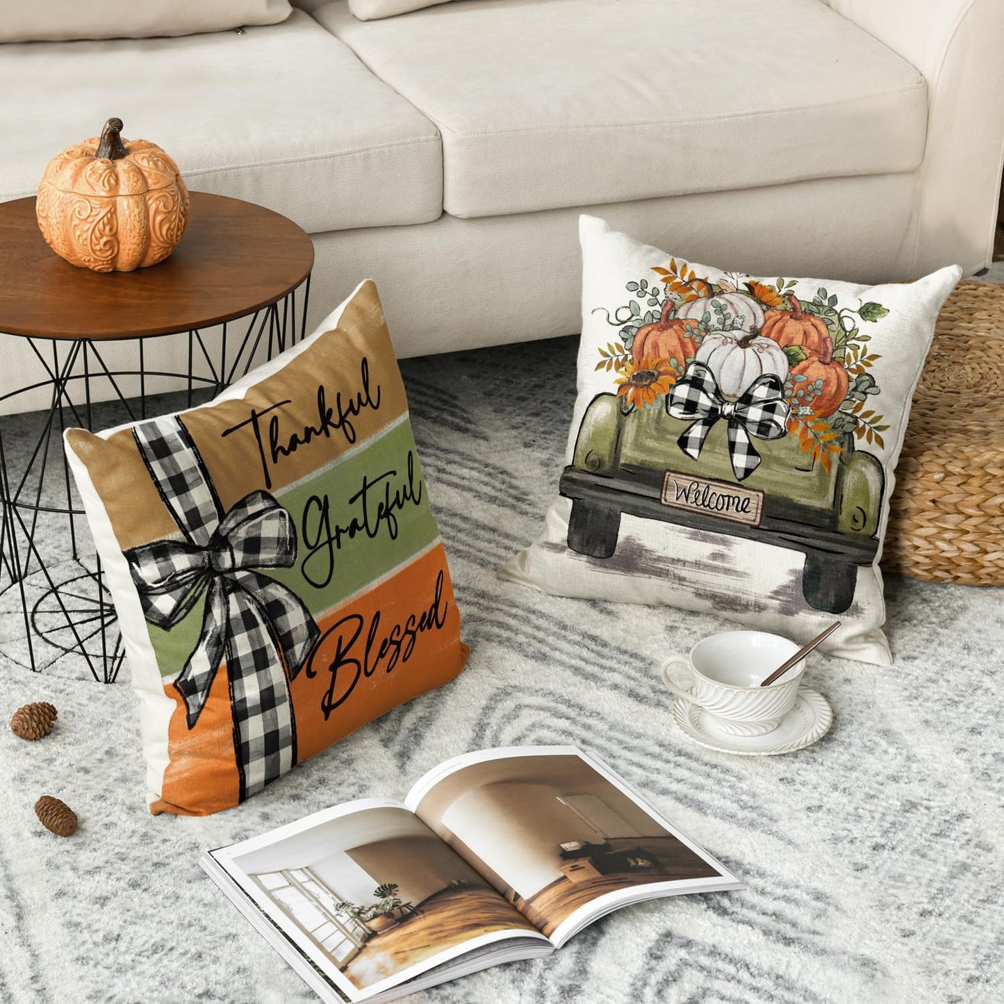 Fall Pumpkin Truck Sunflowers Home Sweet Home Throw Pillow Covers, 18 X 18 Inch Autumn Thankful Grateful Blessed Harvest Floral Decorations for Sofa Couch Set of 4