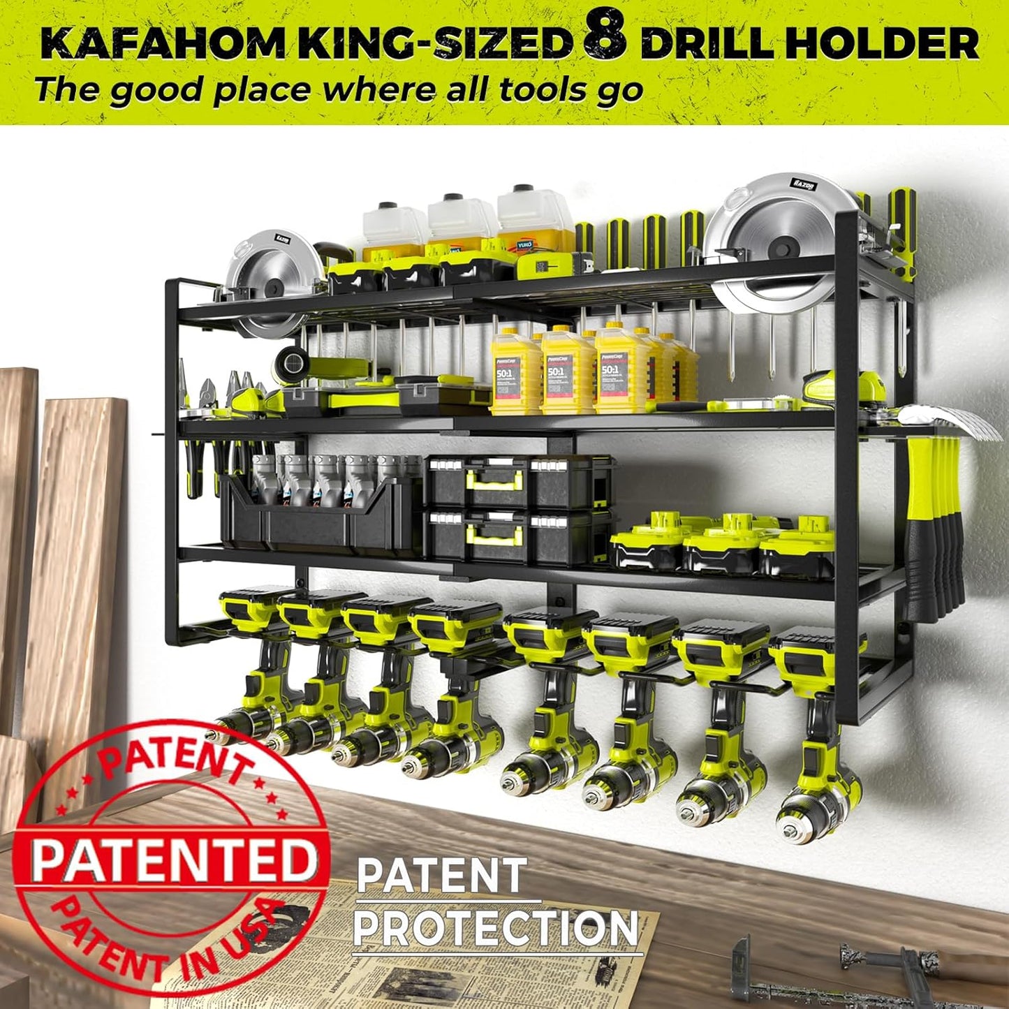 Power Tool Organizer-8 Drill Holder Wall Mount,4 Layer Heavy Duty Metal Power Tool Storage Rack,Garage Tool Organizer and Storage with Screwdriver Holder/Plier Holder/Hammer Holder