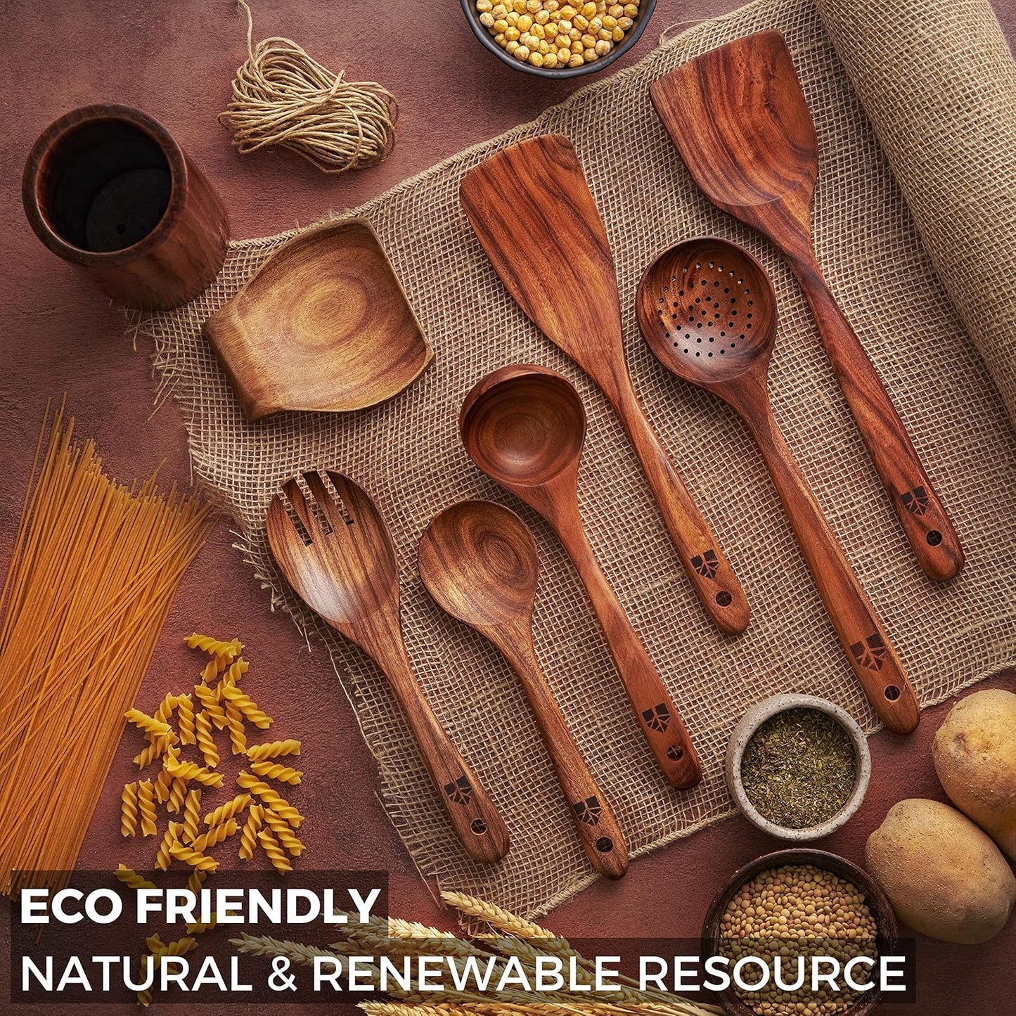 Wooden Spoons for Cooking, Wooden Cooking Utensils Set, Wooden Utensil Set with Holder, Spoon Rest & Hooks, Kitchen Gifts for Women, Kitchen Cookware – Durable Set of 8Pcs by Woodenhouse