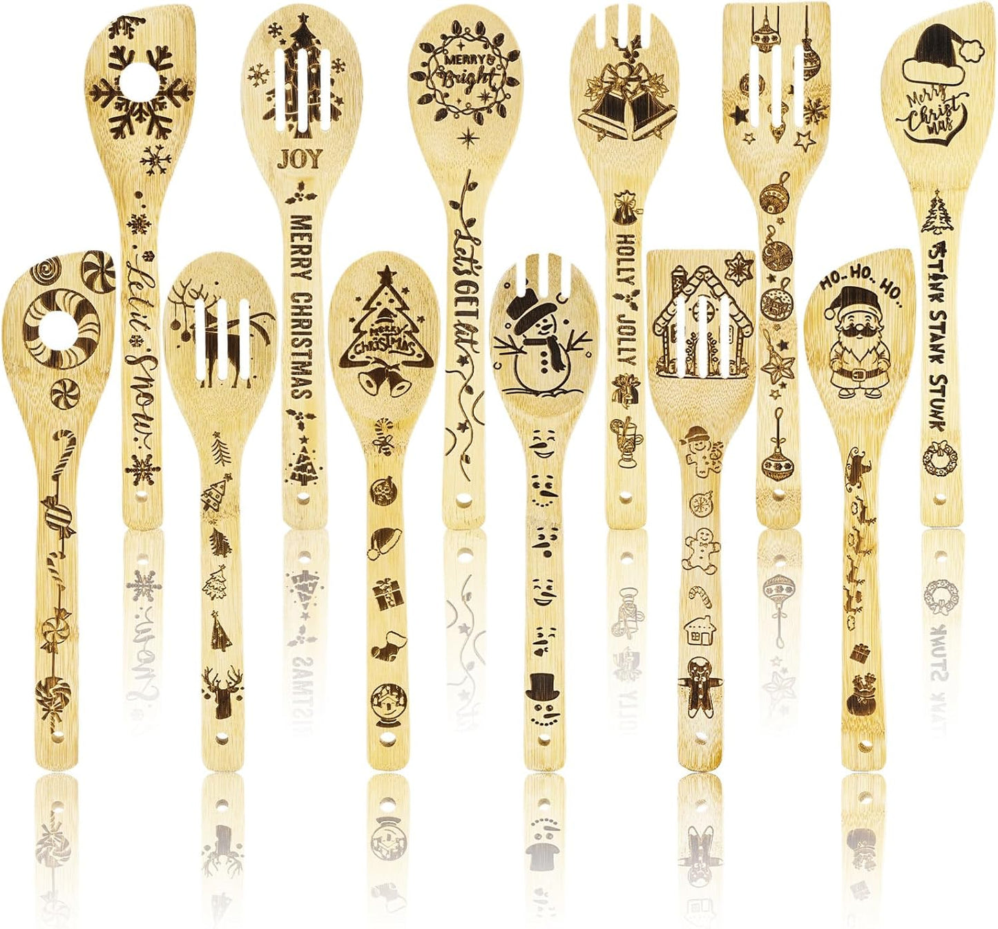 12Pcs Christmas Wooden Spoons Set Santa Snowman Tree Wooden Spoons Xmas Natural Burned Cooking Utensil Spoon for Xmas Party Decoration Home Kitchen Supplies