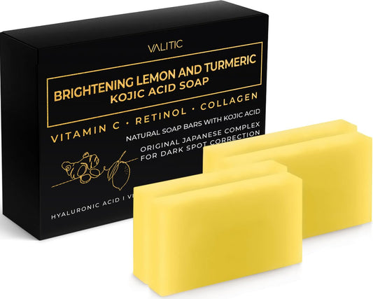 Brightening Lemon & Turmeric Kojic Acid Soap with Vitamin C, Retinol, Collagen - Original Japanese Complex Infused with Hyaluronic Acid, Vitamin E, Shea Butter, Castile Olive Oil (4 Pack)