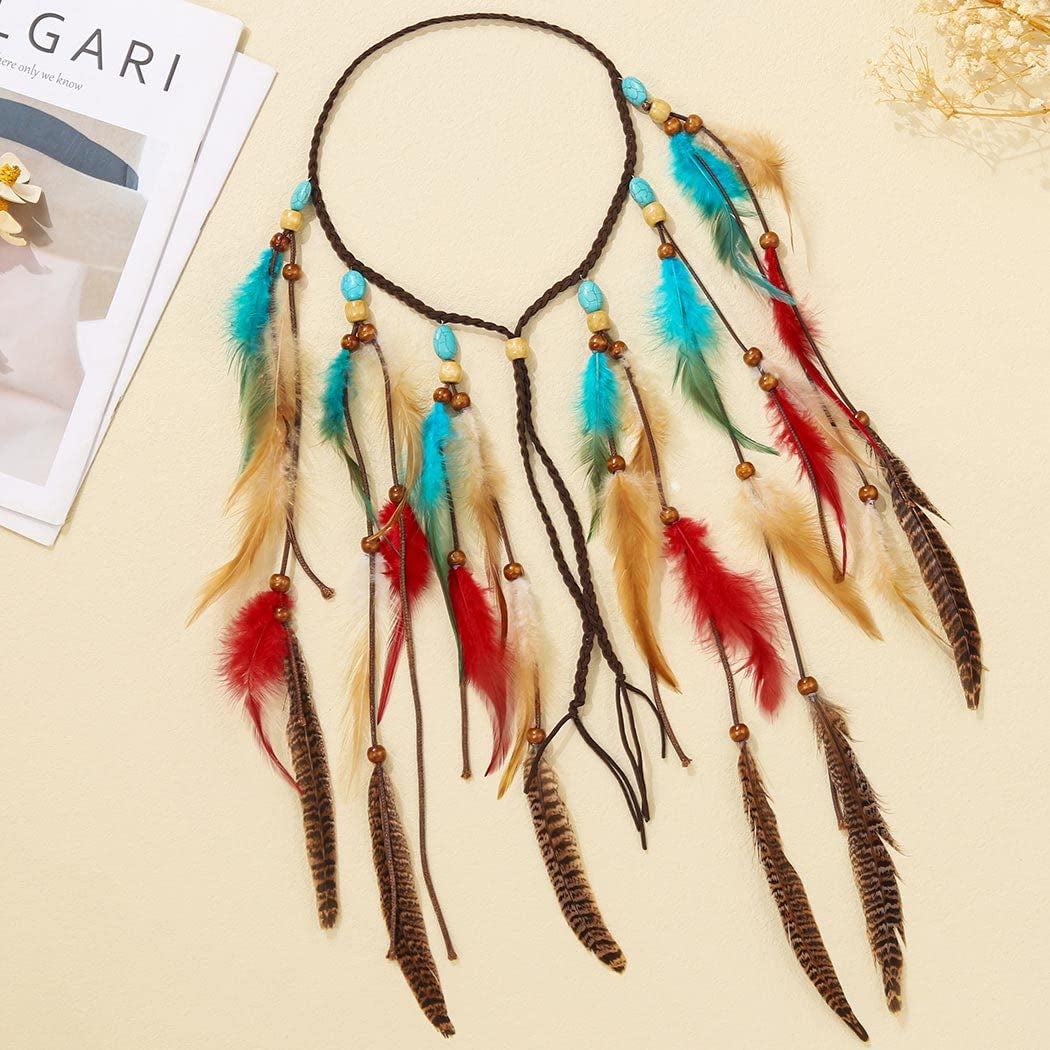 Boho Feather Headband Hippie Headpiece White Gypsy Costume Headband Indian Hair Band Festival Headdress Bohemian Feather Hair Accessory for Women and Girls (A-Blue+Red)