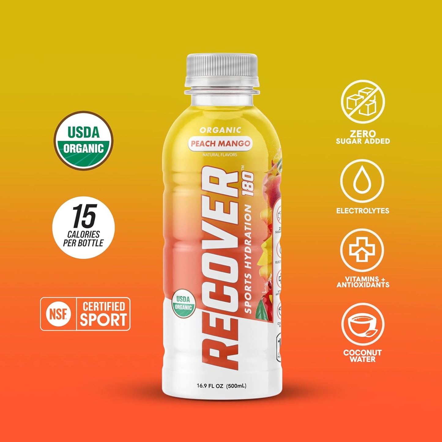 Organic Hydration Sports Drink, No Sugar Added, 15 Calorie Sports Beverage, Organic Flavors with Vitamins, Potassium-Packed Electrolytes (16.9 Fl Oz (Pack of 12), Peach Mango)