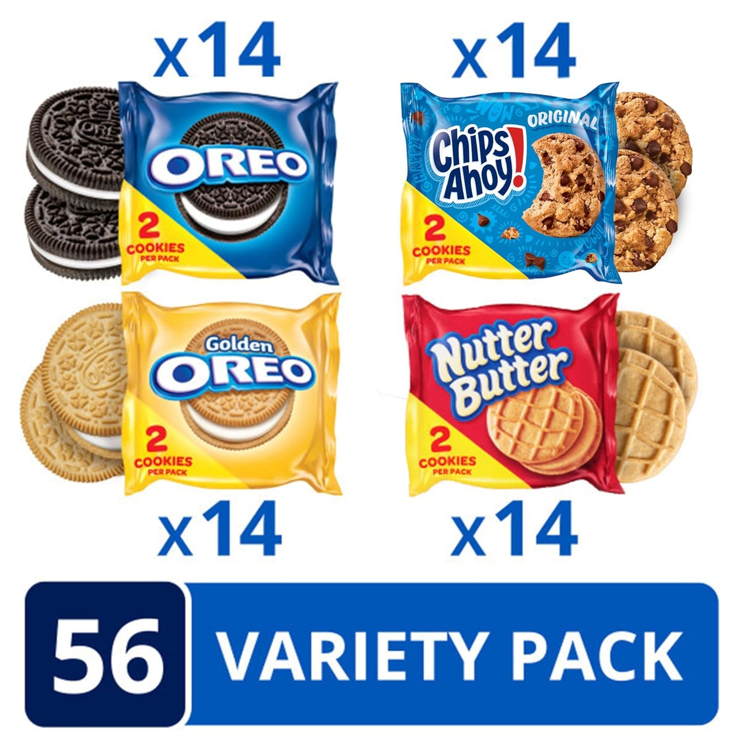 OREO Original, OREO Golden, CHIPS AHOY! & Nutter Butter Cookie Snacks Variety Pack, 56 Snack Packs (2 Cookies per Pack)