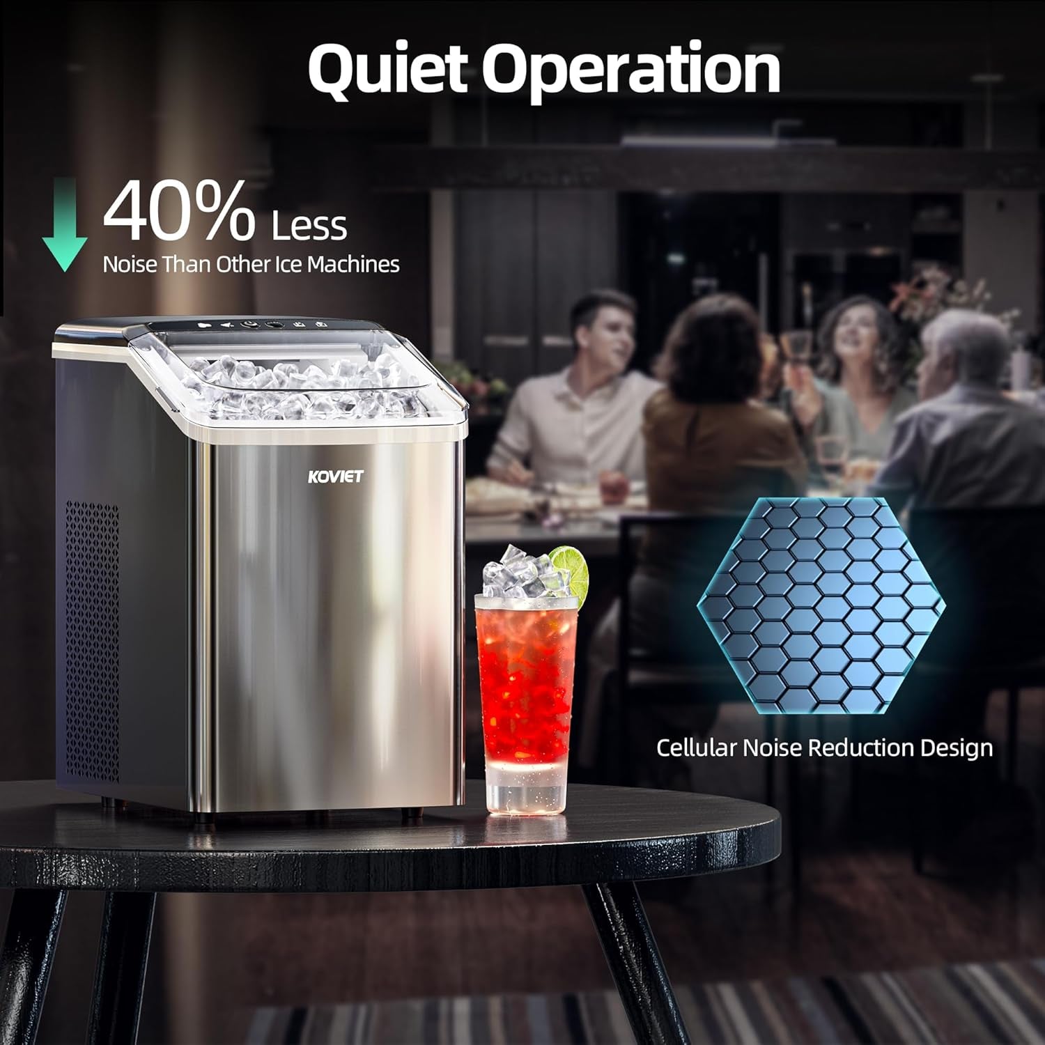 Nugget Ice Maker Countertop, 40Lbs/24H Tooth-Friendly Soft Chewable Pebble Ice Machine, Self-Cleaning with Drainpipe, Crushed Pellet Ice Makers for Home Kitchen Party, Stainless Steel