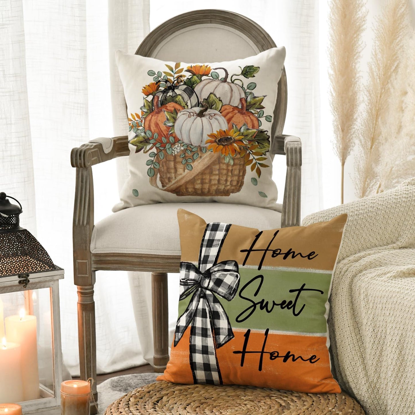 Fall Pumpkin Truck Sunflowers Home Sweet Home Throw Pillow Covers, 18 X 18 Inch Autumn Thankful Grateful Blessed Harvest Floral Decorations for Sofa Couch Set of 4