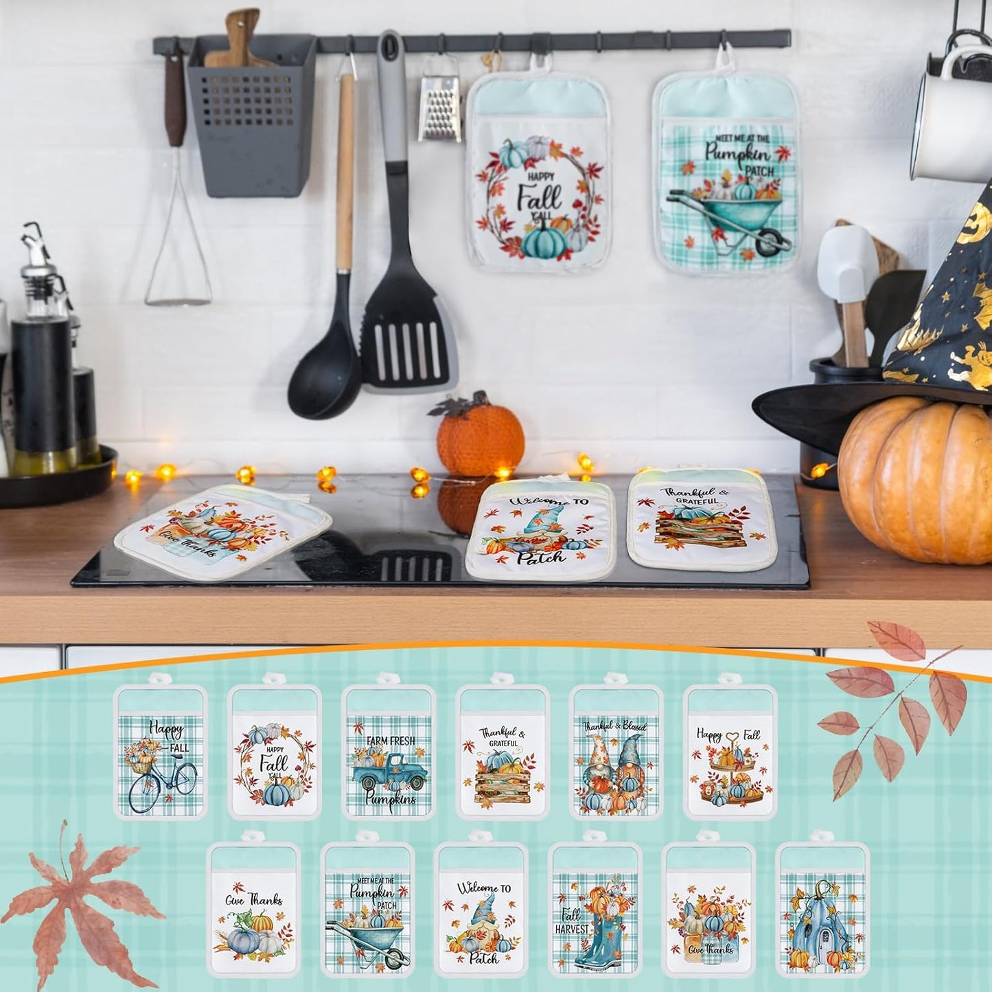 12 Pcs Thanksgiving Pot Holders with Pocket Blue Pumpkin Pot Holders for Kitchen Autumn Hot Pads Oven Mitts Cookie Bag Cute Heat Resistant Farmhouse Oven Gloves for Fall Gift Baking Cooking