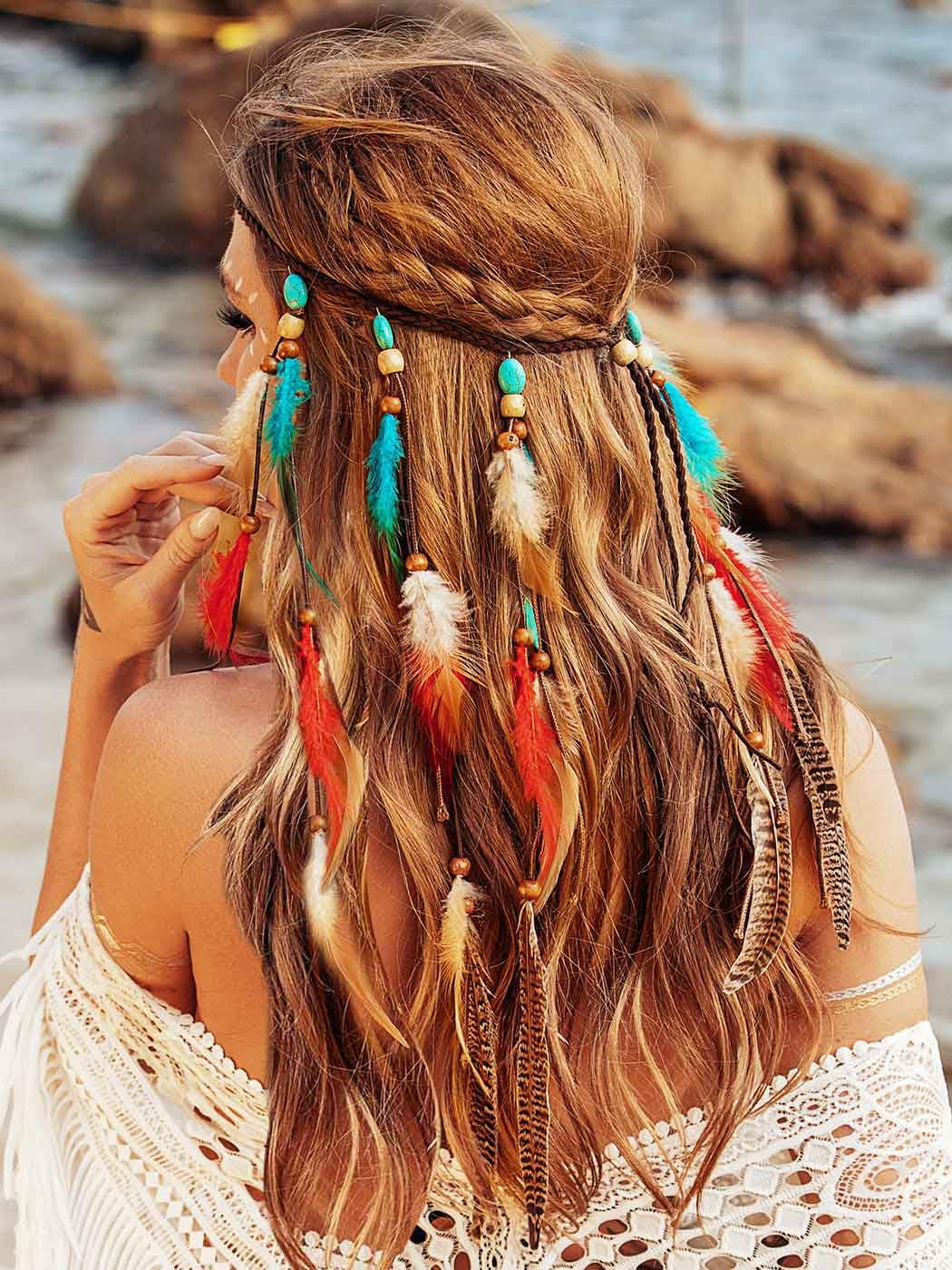 Boho Feather Headband Hippie Headpiece White Gypsy Costume Headband Indian Hair Band Festival Headdress Bohemian Feather Hair Accessory for Women and Girls (A-Blue+Red)