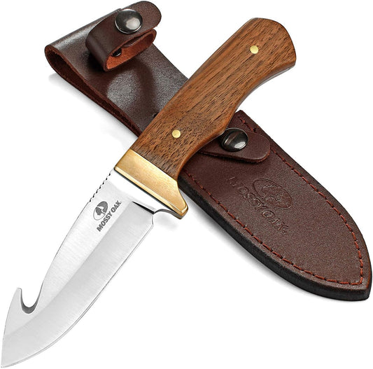 Fixed Blade Gut Hook Knife, 9.5-Inch Full Tang Field Processing Knife - Wooden Handle, Leather Sheath Included, for Skinning, Hunting, Outdoors