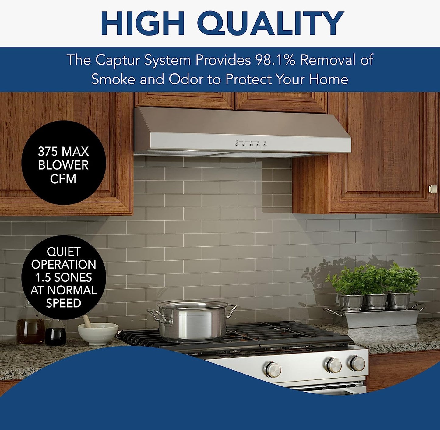 BCSQ130SS Three-Speed Glacier Under-Cabinet Range Hood with LED Lights ADA Capable, 1.5 Sones, 375 Max Blower CFM, 30-Inch, Stainless Steel