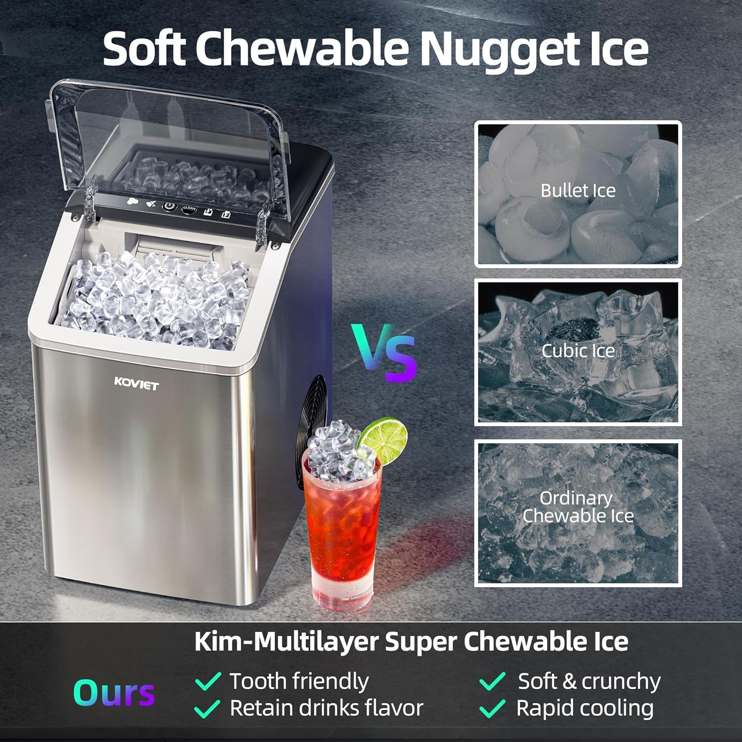 Nugget Ice Maker Countertop, 40Lbs/24H Tooth-Friendly Soft Chewable Pebble Ice Machine, Self-Cleaning with Drainpipe, Crushed Pellet Ice Makers for Home Kitchen Party, Stainless Steel