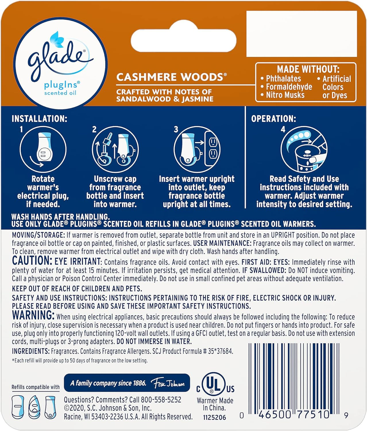 Plugins Refills Air Freshener Starter Kit, Scented and Essential Oils for Home and Bathroom, Cashmere Woods, 0.67 Fl Oz, 1 Warmer + 1 Refill
