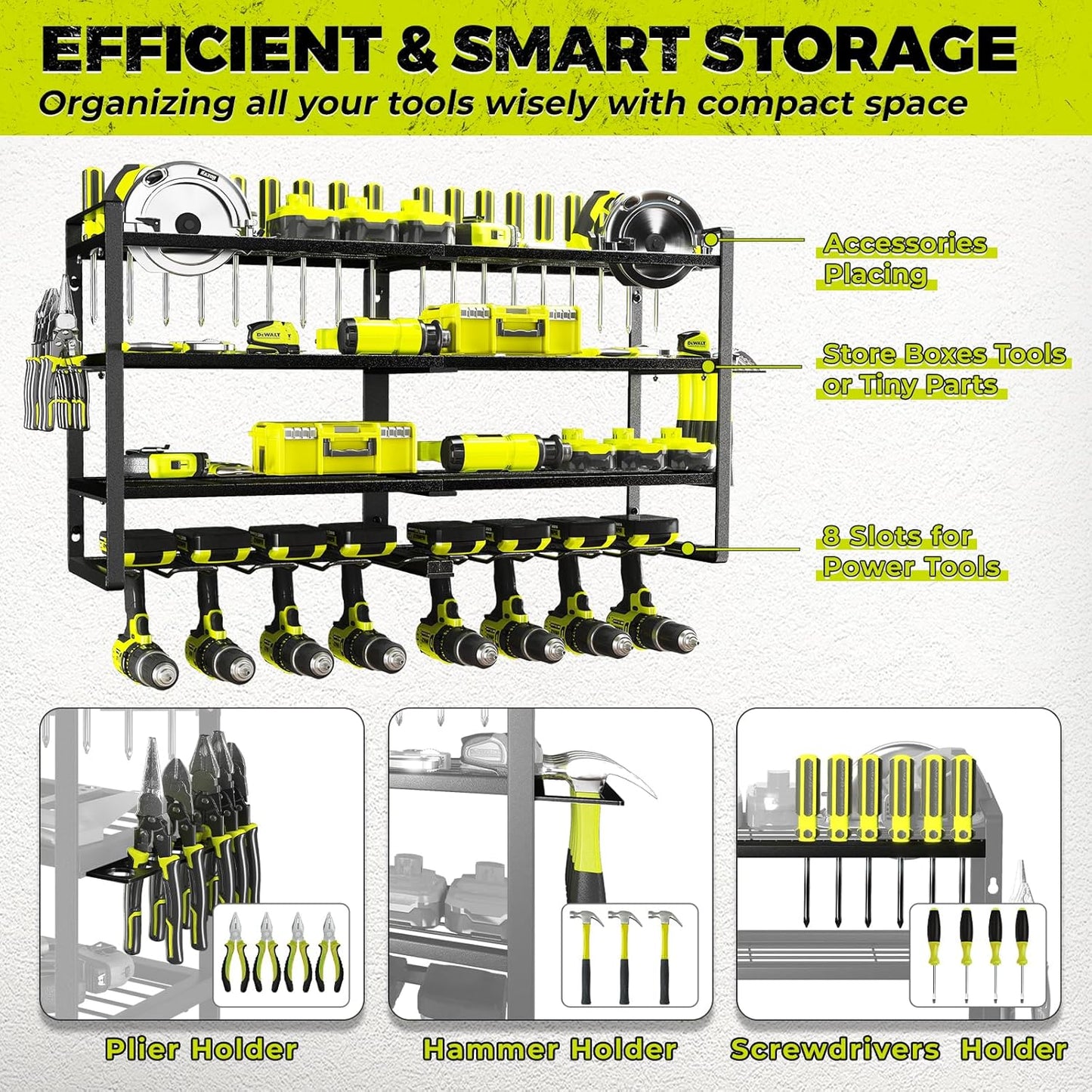 Power Tool Organizer-8 Drill Holder Wall Mount,4 Layer Heavy Duty Metal Power Tool Storage Rack,Garage Tool Organizer and Storage with Screwdriver Holder/Plier Holder/Hammer Holder