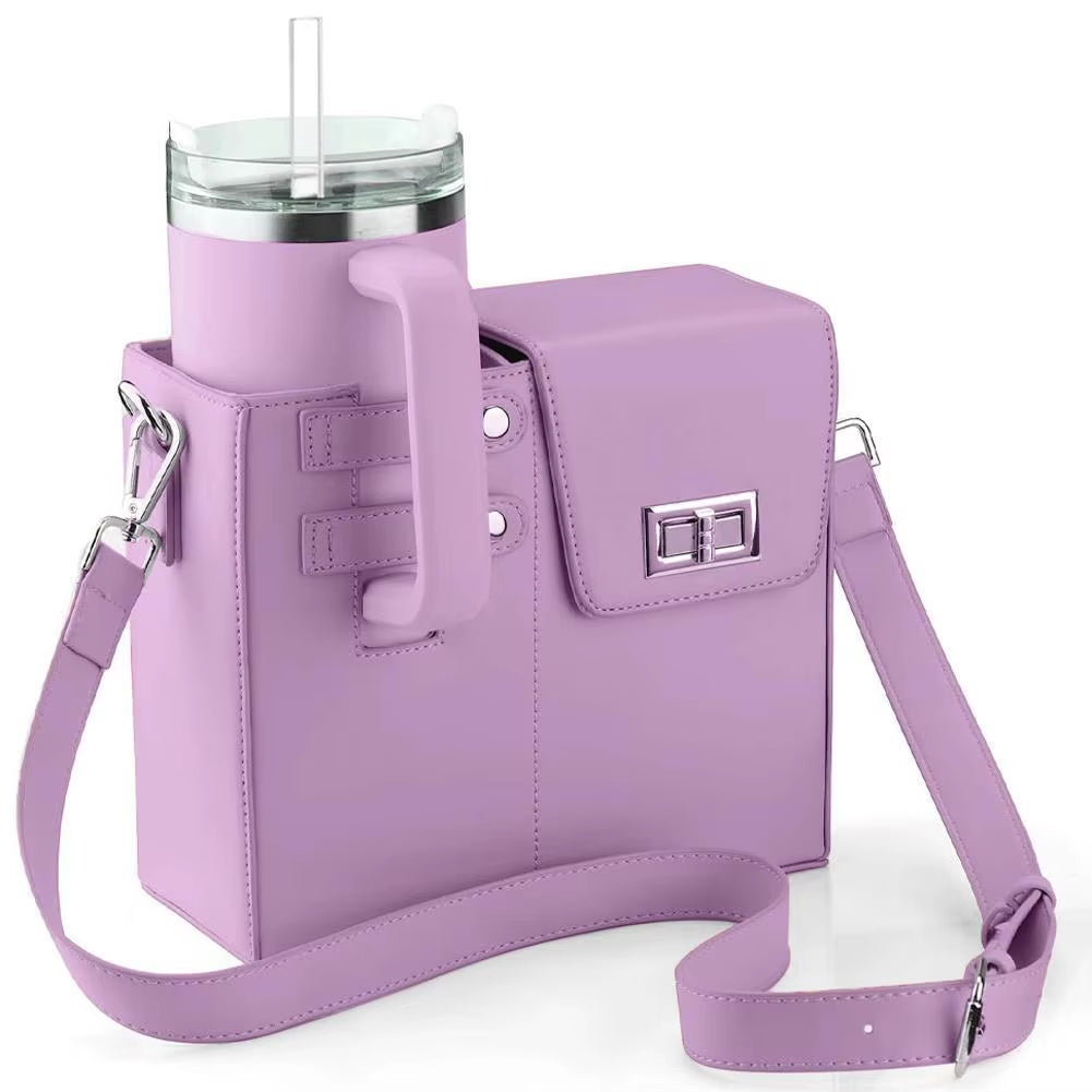 Portable Outdoor Crossbody Water Bottle Carrier with Adjustable Strap and PU Leather Storage Pocket