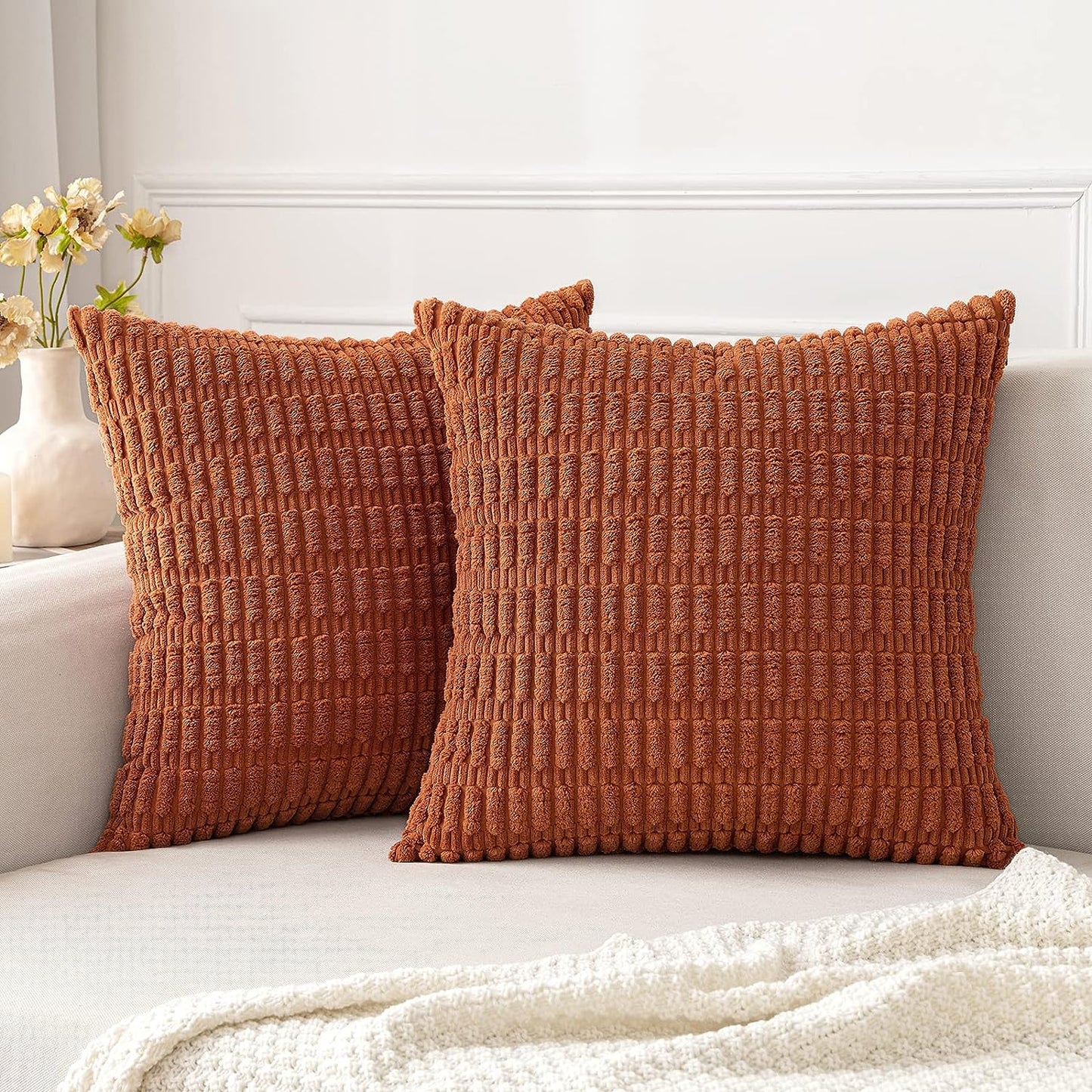 Pack of 2 Corduroy Decorative Throw Pillow Covers 18X18 Inch Soft Boho Striped Fall Pillow Covers Modern Farmhouse Home Decor for Sofa Living Room Couch Bed Rust