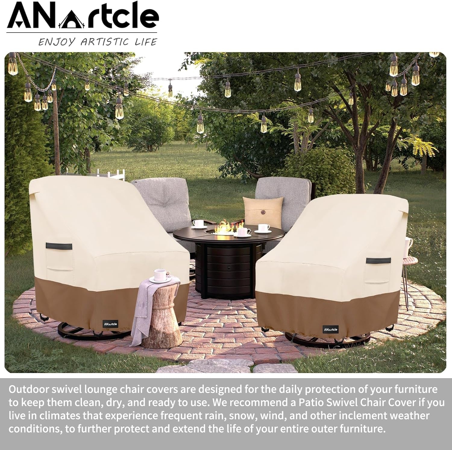 Outdoor Swivel Lounge Chair Cover 2 Pack,600D Waterproof Heavy Duty Outdoor Chair Covers(30 W X 34 D X 38.5 H Inches),Patio Swivel Chair Covers for Outdoor Furniture,Beige&Brown.