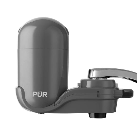 Plus Vertical Faucet-Mounted Water Filtration System with 3-in-1 Lead-Reducing Filter for Enhanced Tap Water Quality, Lasts Up to 100 Gallons, Compatible with Most Kitchen and Bathroom Faucets, Grey