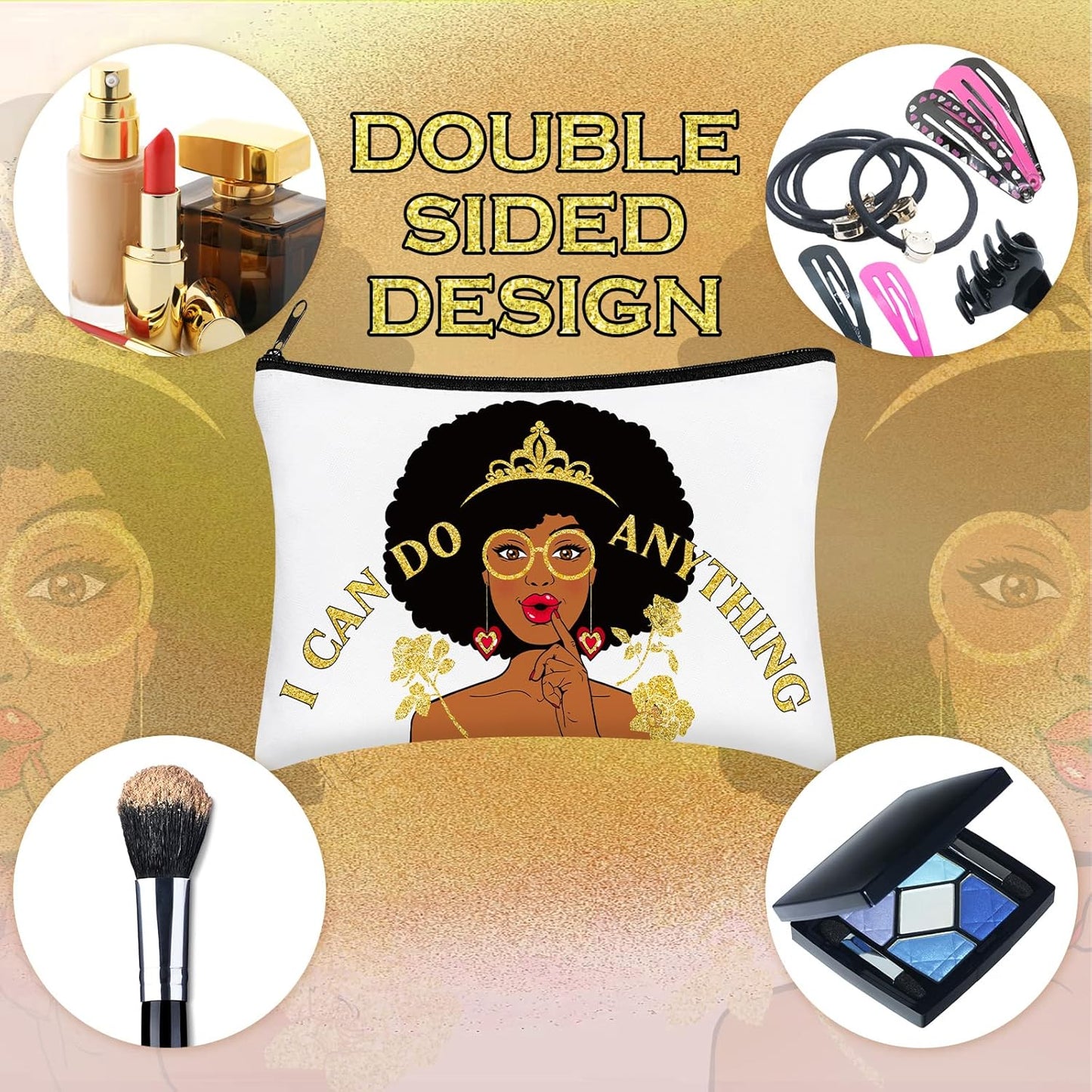 12 Pcs African Girl Makeup Bag Black Girl Makeup Bag Afro Melanin Art Cosmetic Canvas Bags Funny Cute Reusable Toiletry Pouch Organizer Black Owned Business Gift for Women Lady(Stylish Style)