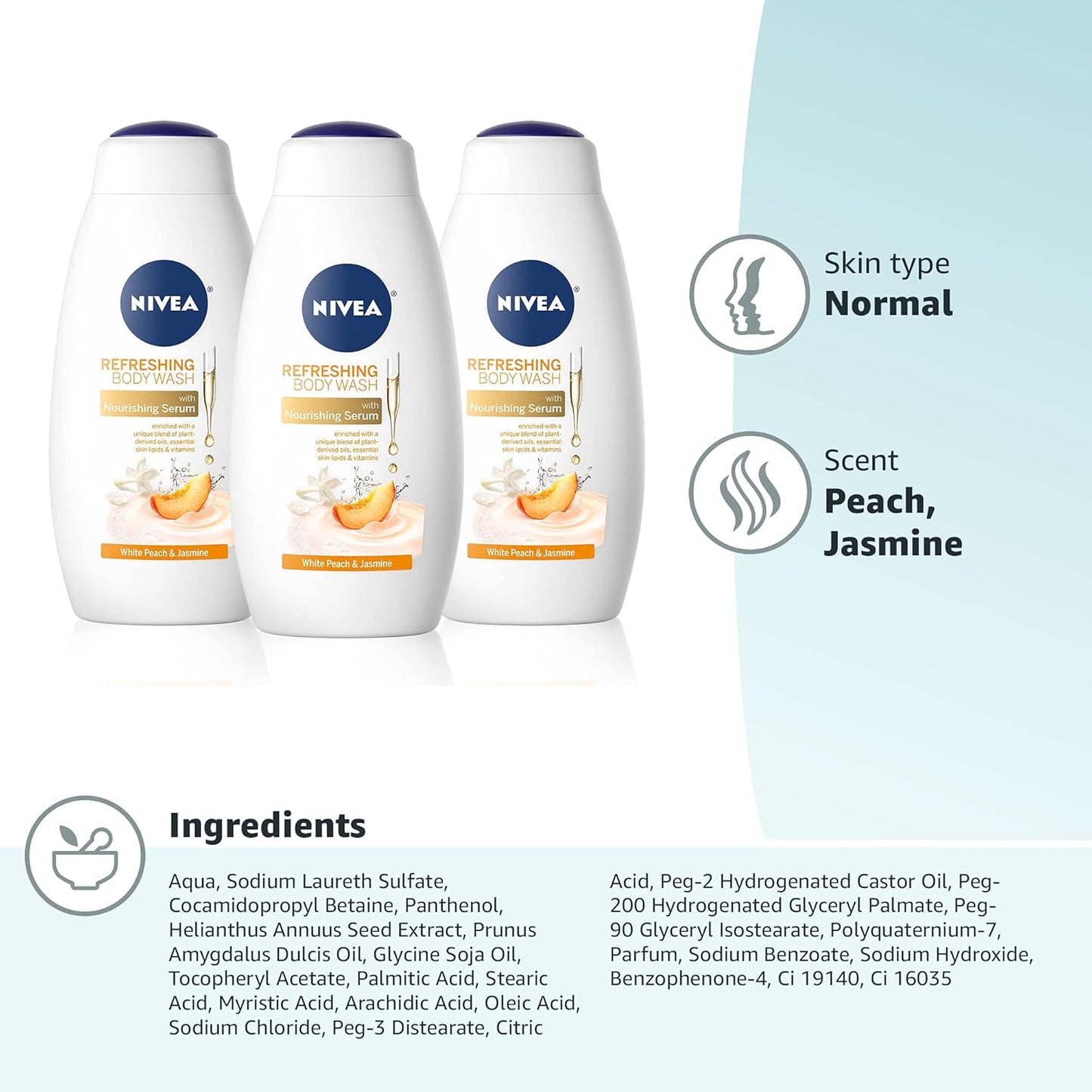 White Peach and Jasmine Body Wash with Nourishing Serum, Pack of 3, 20 Fl Oz