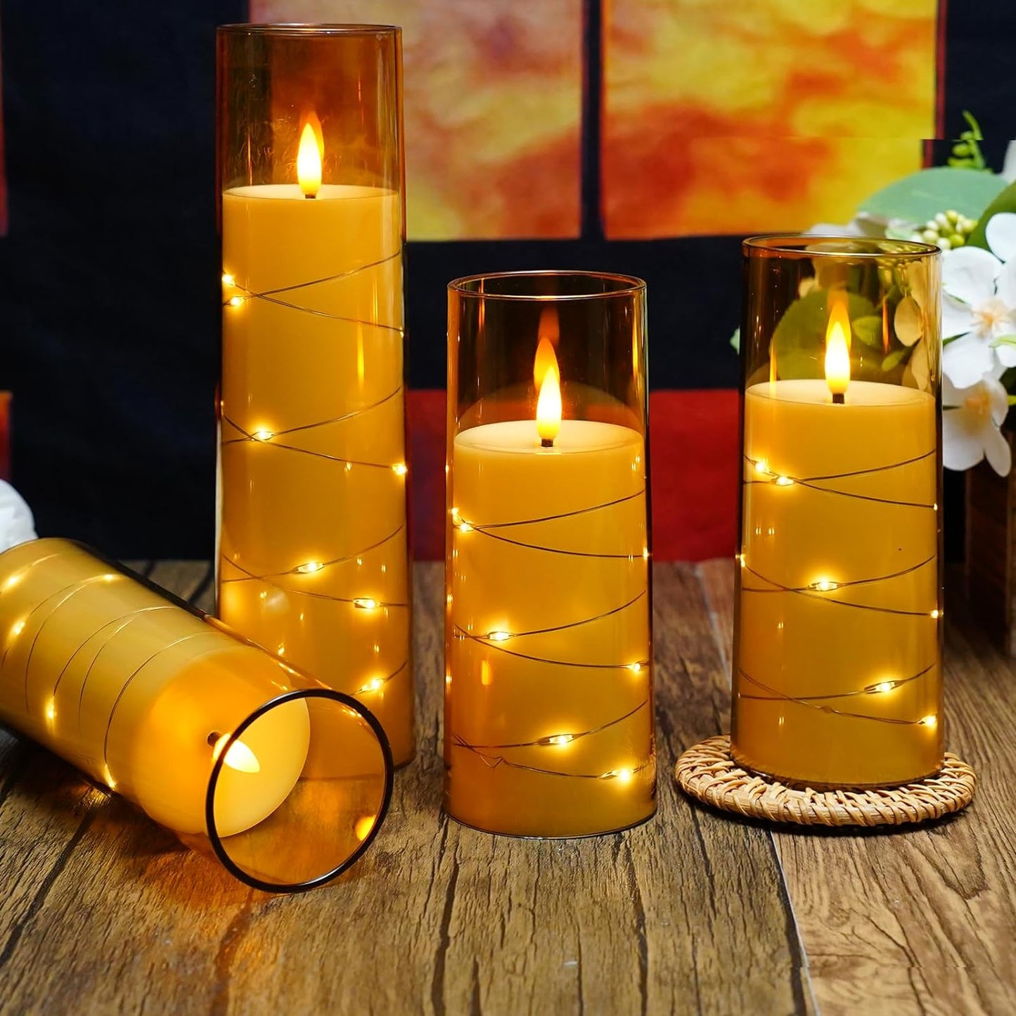 Flameless LED Candles with Timer 5 Pc Flickering Flameless Candles for Romantic Ambiance and Home Decoration Stable Acrylic Shell,With Embedded Star String,Battery Operated Candles(Gold)