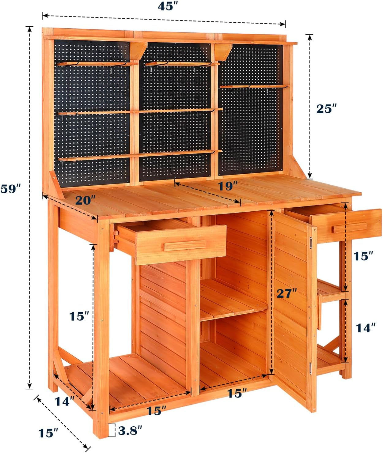 Outdoor Potting Bench Table with Large Space Storage,Drawer Garden Work Bench with Cabinet Adjustable Shelf/Hooks,Wooden Gardening Potting Bench for Backyard,Patio.(45X49X14 ) Inches