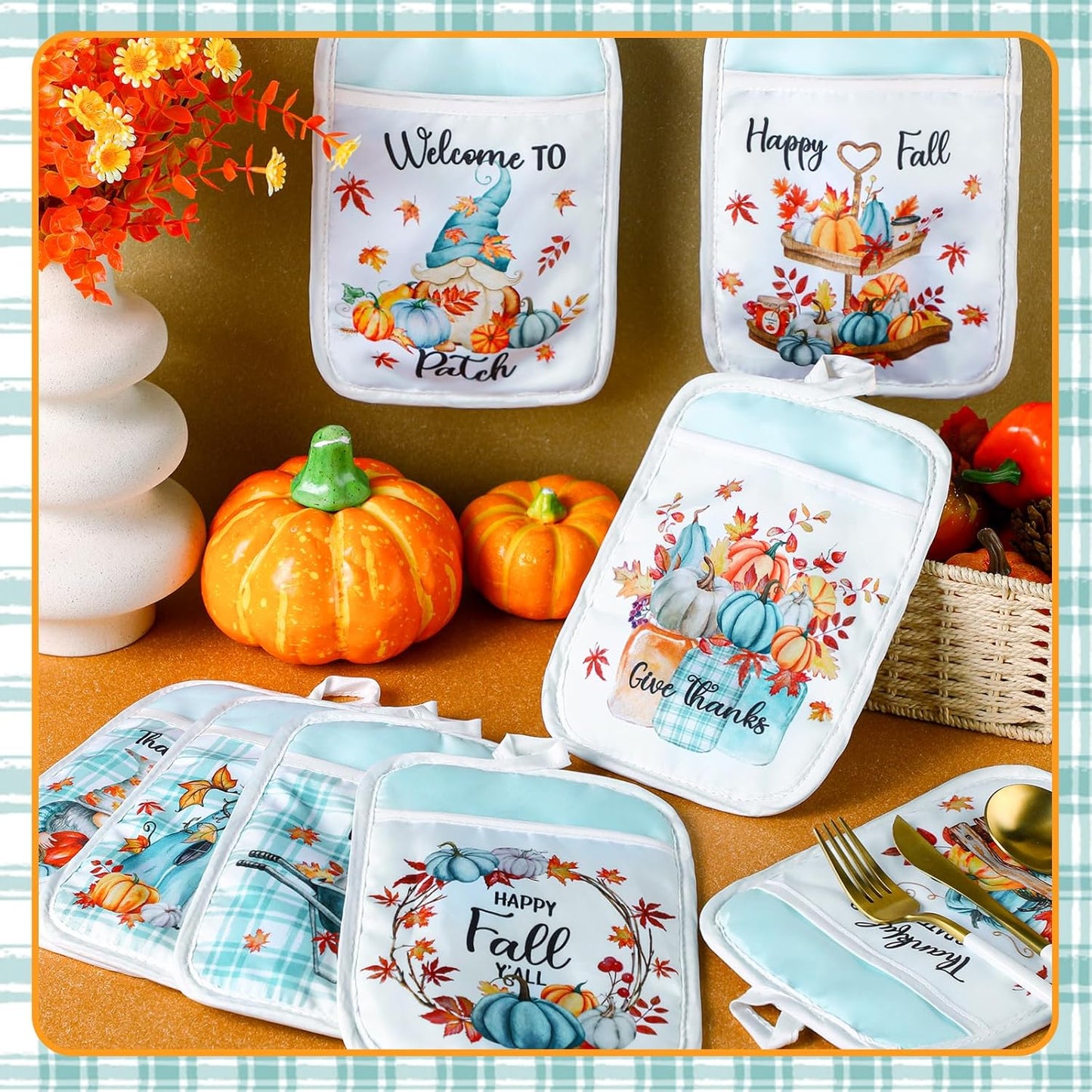 12 Pcs Thanksgiving Pot Holders with Pocket Blue Pumpkin Pot Holders for Kitchen Autumn Hot Pads Oven Mitts Cookie Bag Cute Heat Resistant Farmhouse Oven Gloves for Fall Gift Baking Cooking