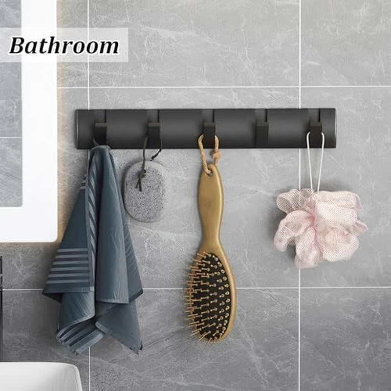 Black Coat Rack Wall Mount with 5 Hooks, 15.8 Inch Waterproof Heavy Duty Coat Wall Hooks, Space Aluminum Material, Folding Hideaway Towel Hanger for Entryway, Wall, Door, Bathroom