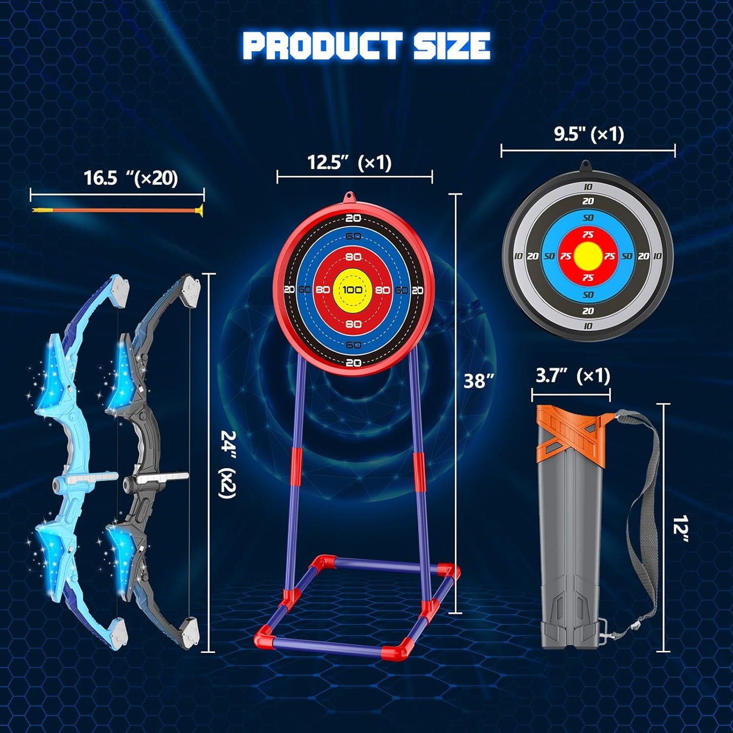 2 Pack Kids Bow and Arrow, 20 Suction Cup Arrows, 2 Archery Targets&Quiver, Light-Up Set for Kids Ages 4-8 8-12, Indoor Outdoor Toys for Boys Girls
