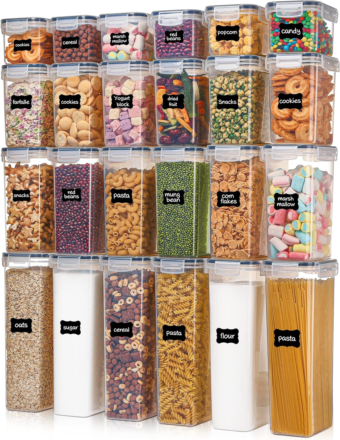 Airtight Food Storage Containers with Lids,  24 Pcs Plastic Kitchen and Pantry Organization Canisters for Cereal, Dry Food, Flour and Sugar, BPA Free, Includes 24 Labels,Black