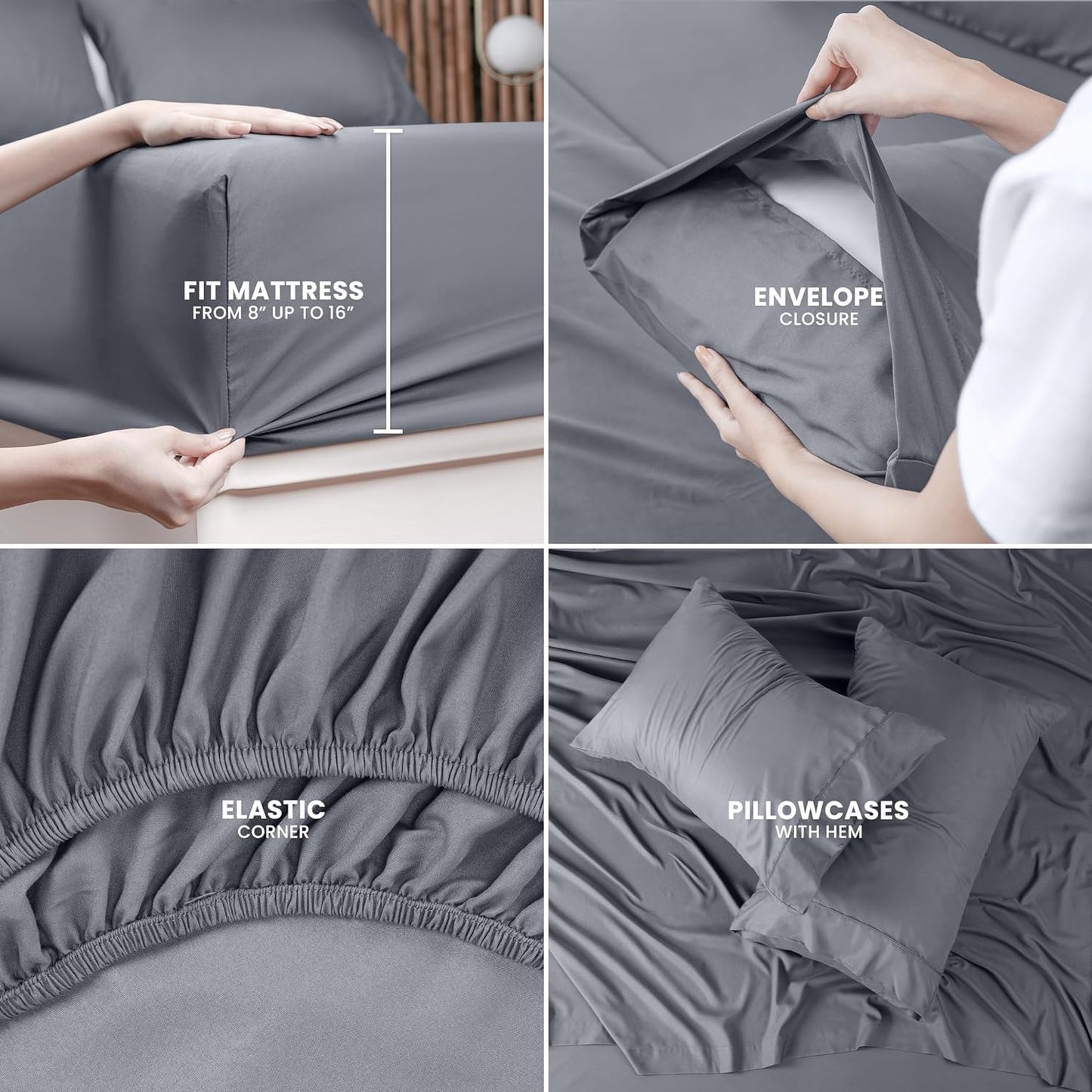 Queen Bed Sheets Set - 4 Piece Bedding - Brushed Microfiber - Shrinkage and Fade Resistant - Easy Care (Queen, Grey)