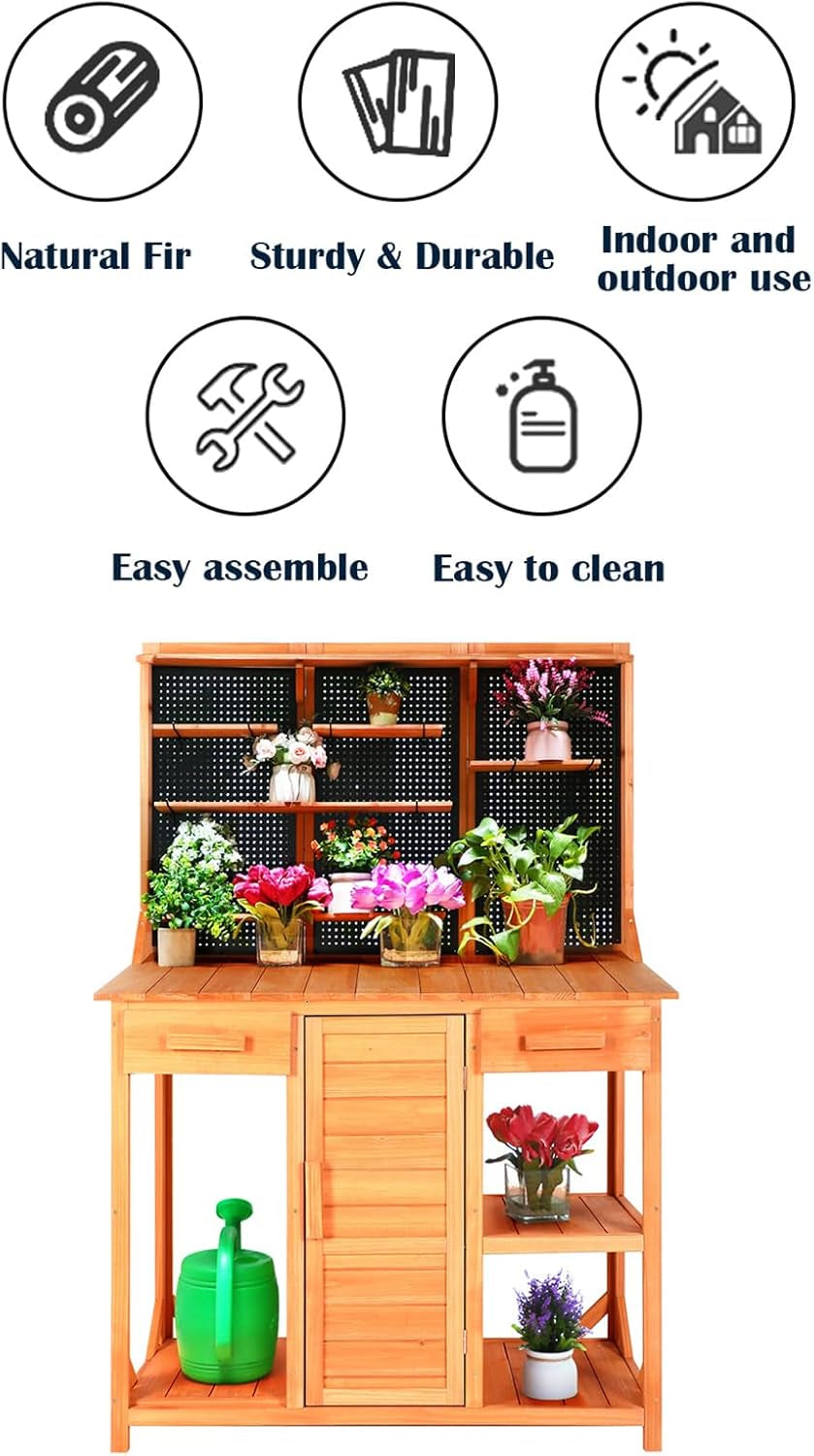 Outdoor Potting Bench Table with Large Space Storage,Drawer Garden Work Bench with Cabinet Adjustable Shelf/Hooks,Wooden Gardening Potting Bench for Backyard,Patio.(45X49X14 ) Inches