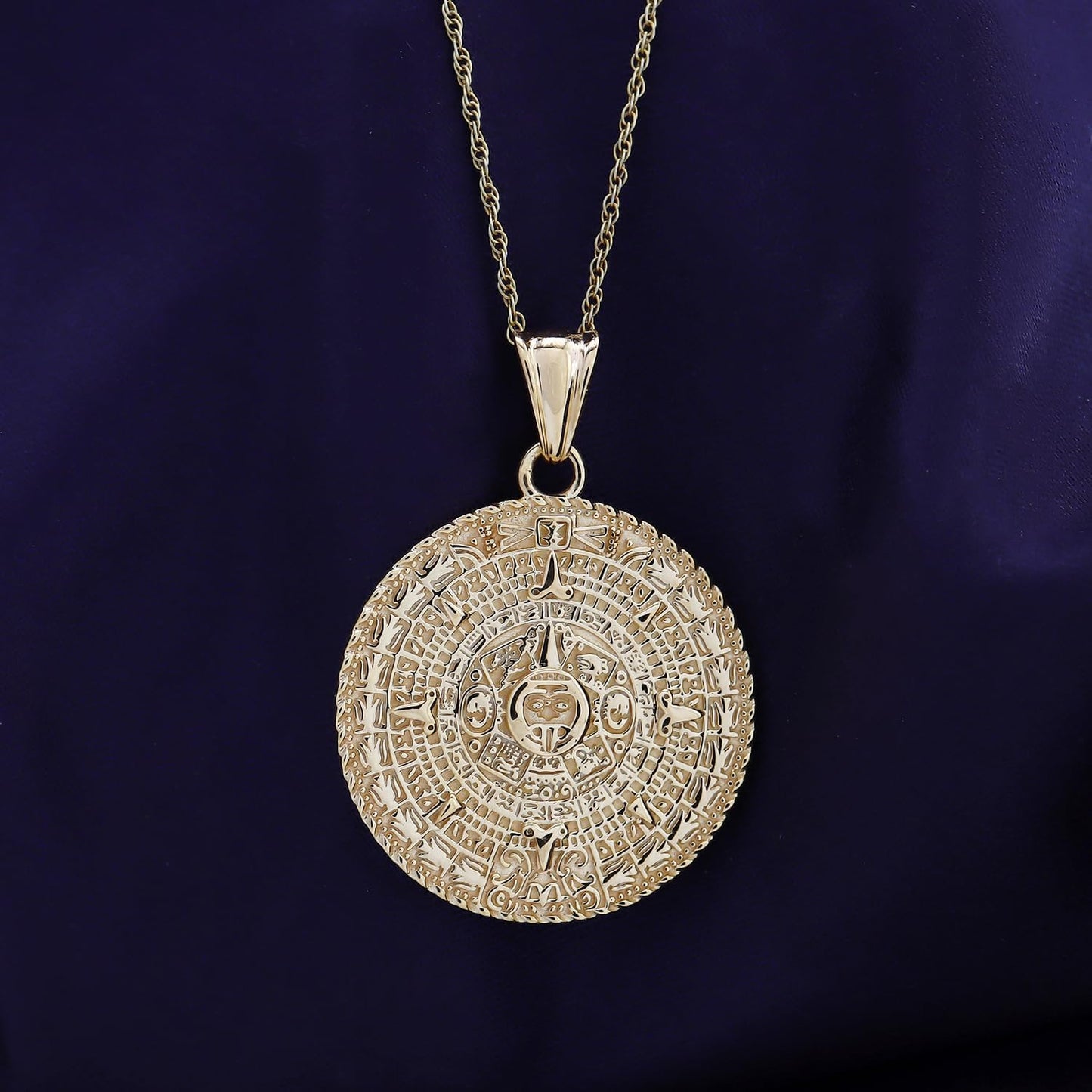 Aztec Mayan Sun Calendar Pendant Charm Necklace for Men & Women 14K Gold over Sterling Silver, Medallion Pendant Necklace with 18-Inch Rope Chain