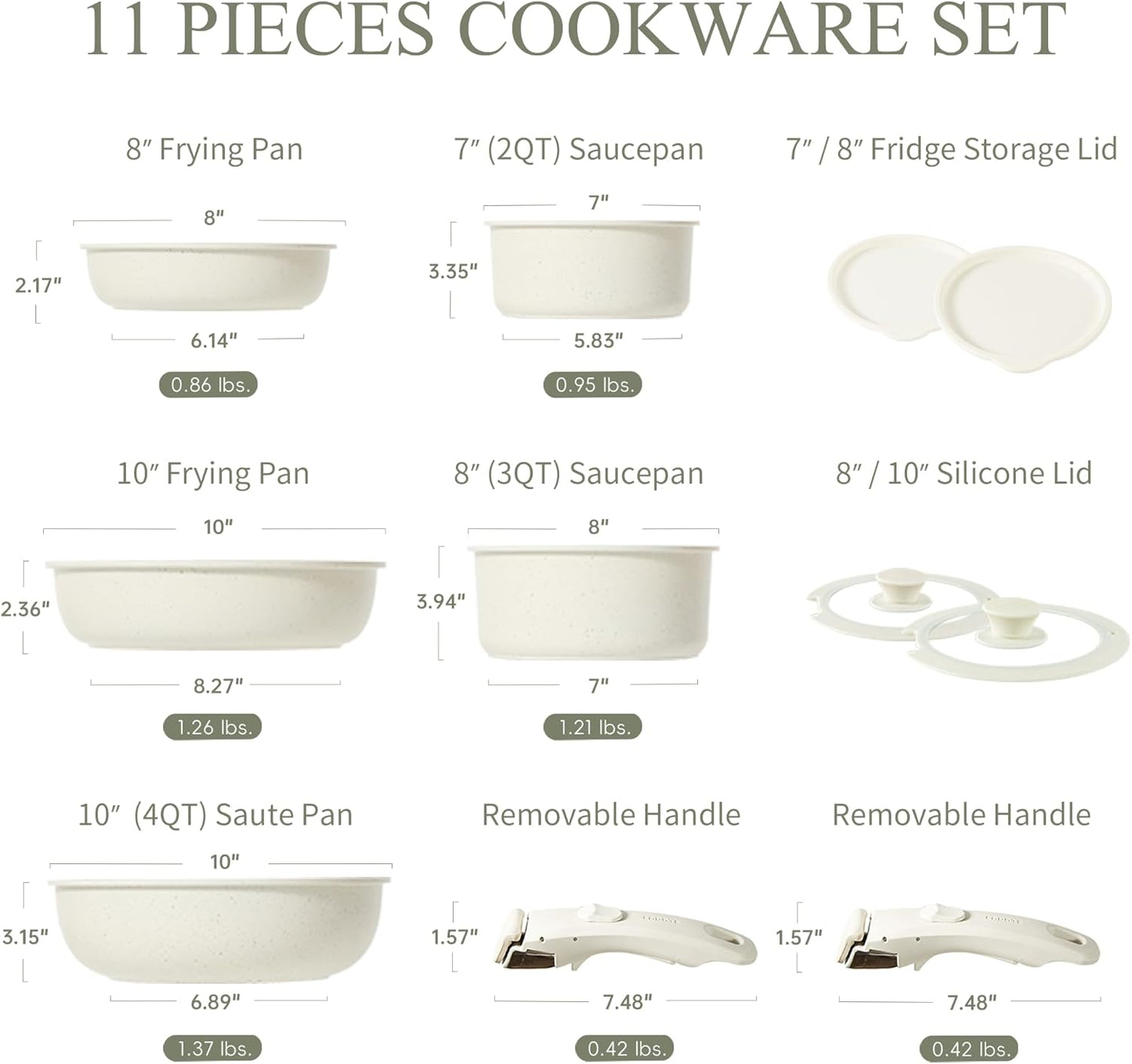 Pots and Pans Set Non Stick, Cookware Sets, 11Pcs Kitchen Set, Oven/Fridge Safe, Space Saving Pots Set, Nonstick Set with Versatile Removable/Detachable Handle, Induction RV Set, Cream White