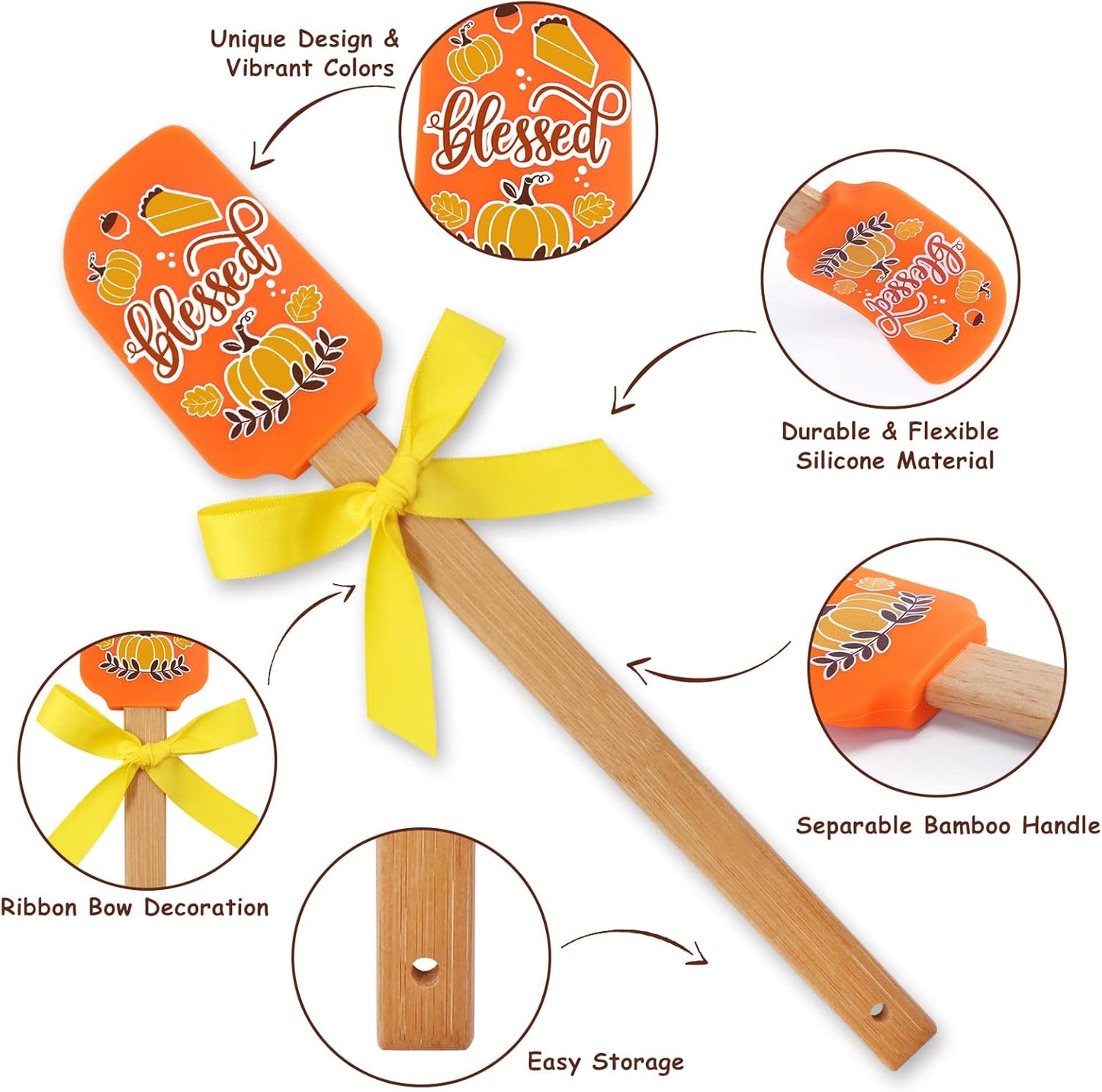 Thanksgiving Silicone Spatula Set of 3 Gift Home Kitchen Utensil Decor Baking Food Grade Cookware Cooker Heat Resistant Present for Mom Mixing Housewarming Birthday Fun Wooden Handle and Ribbon Bows