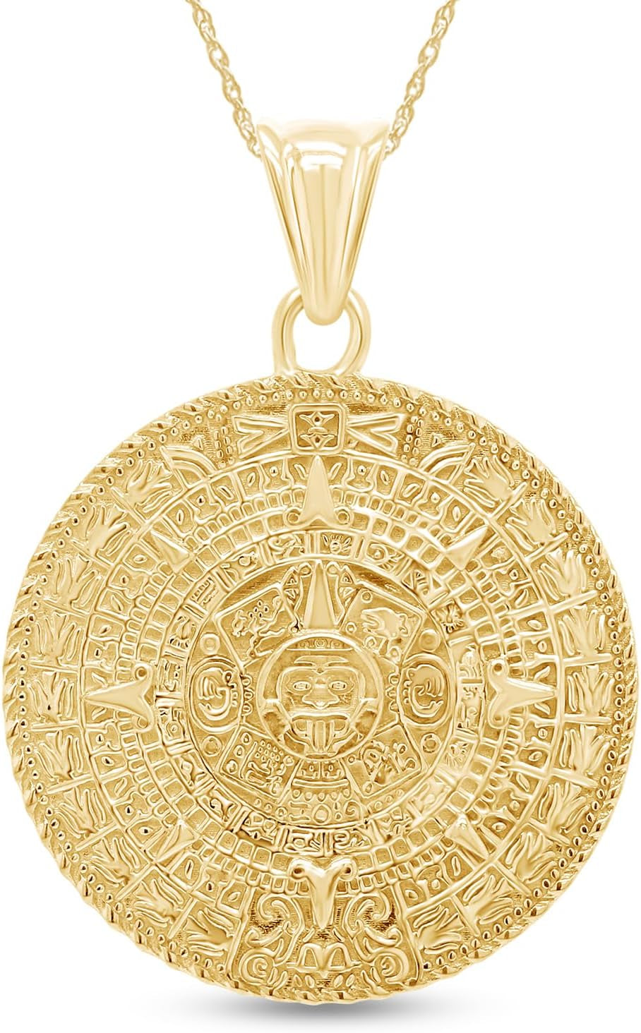 Aztec Mayan Sun Calendar Pendant Charm Necklace for Men & Women 14K Gold over Sterling Silver, Medallion Pendant Necklace with 18-Inch Rope Chain