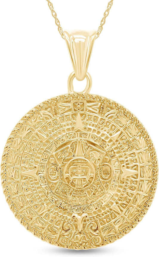 Aztec Mayan Sun Calendar Pendant Charm Necklace for Men & Women 14K Gold over Sterling Silver, Medallion Pendant Necklace with 18-Inch Rope Chain